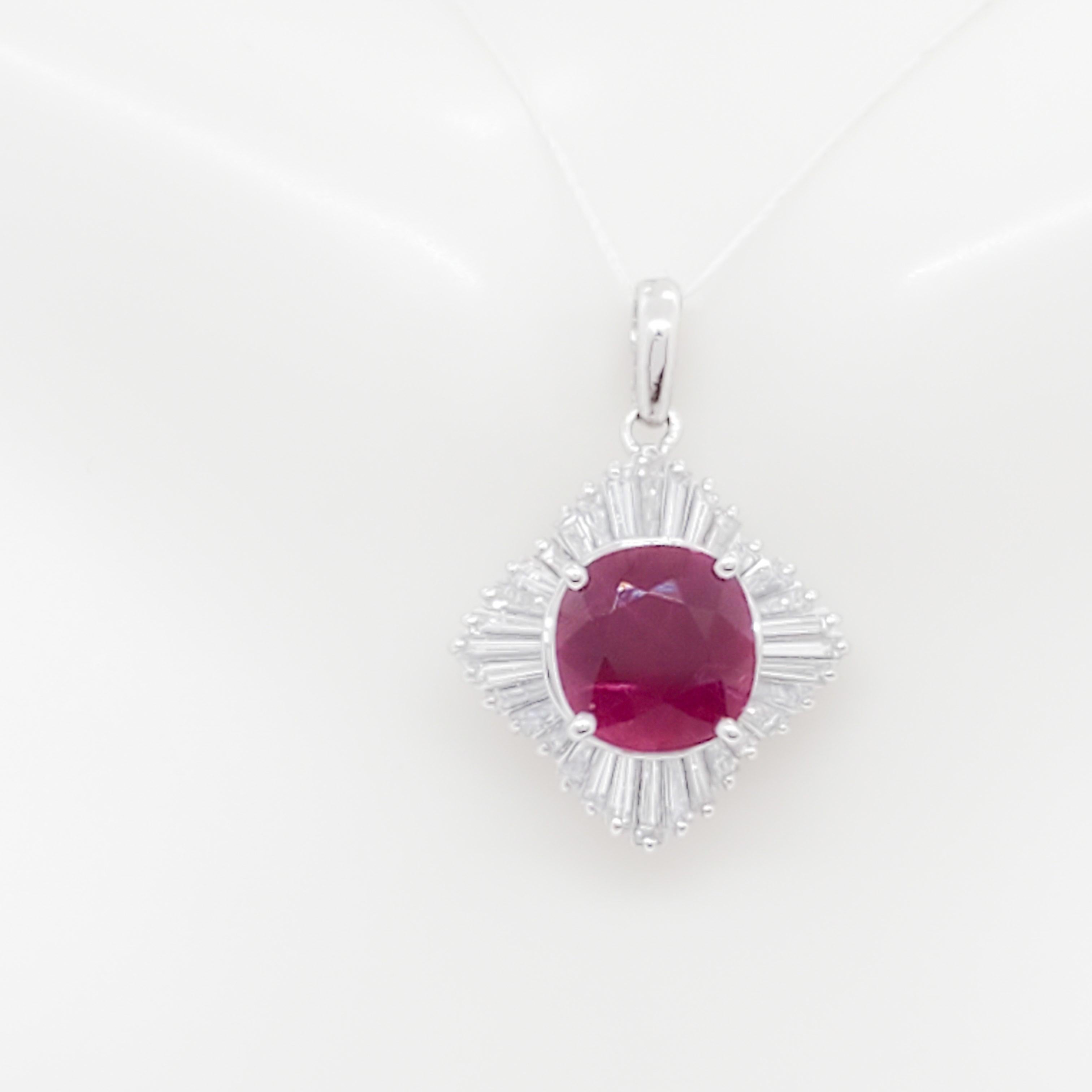 Gorgeous 2.76 ct. Burmese ruby cushion with 0.76 ct. white diamond baguettes.  Handmade in platinum.  GIA report included.