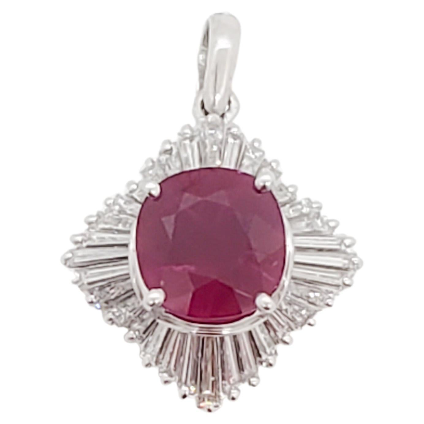 GIA Burma Ruby and White Diamond Pendant in Platinum For Sale