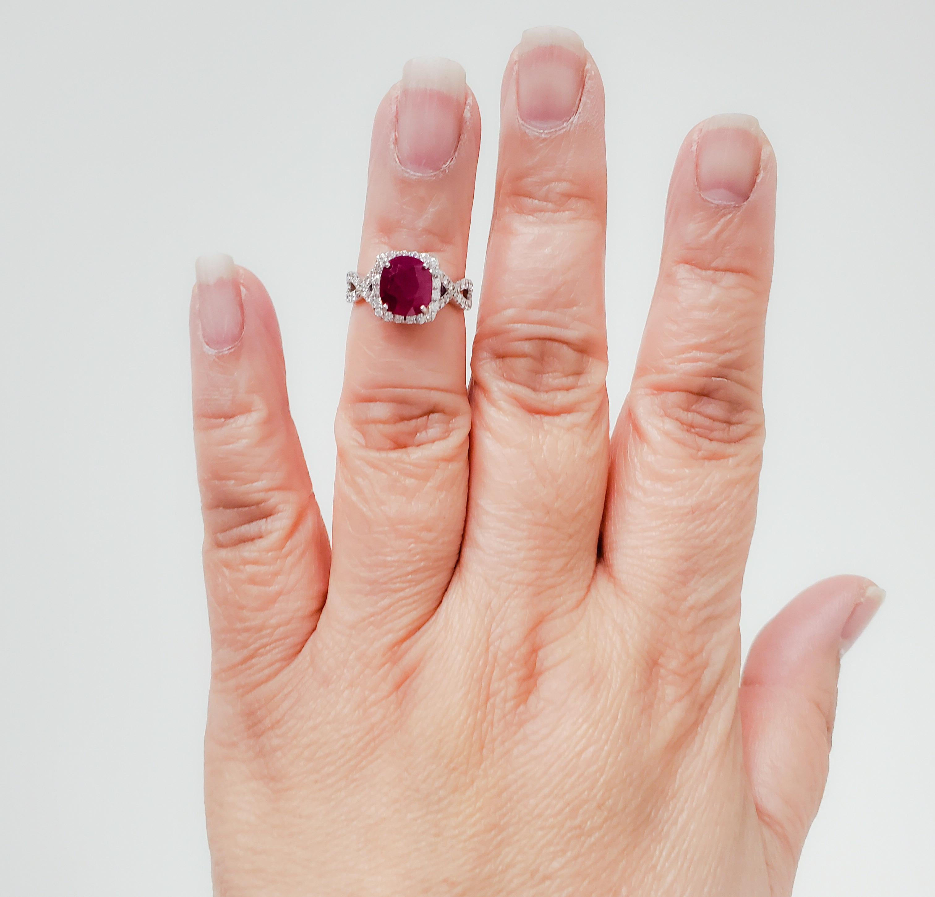 Cushion Cut GIA Burma Ruby Cushion and White Diamond Cocktail Ring in 18k White Gold For Sale