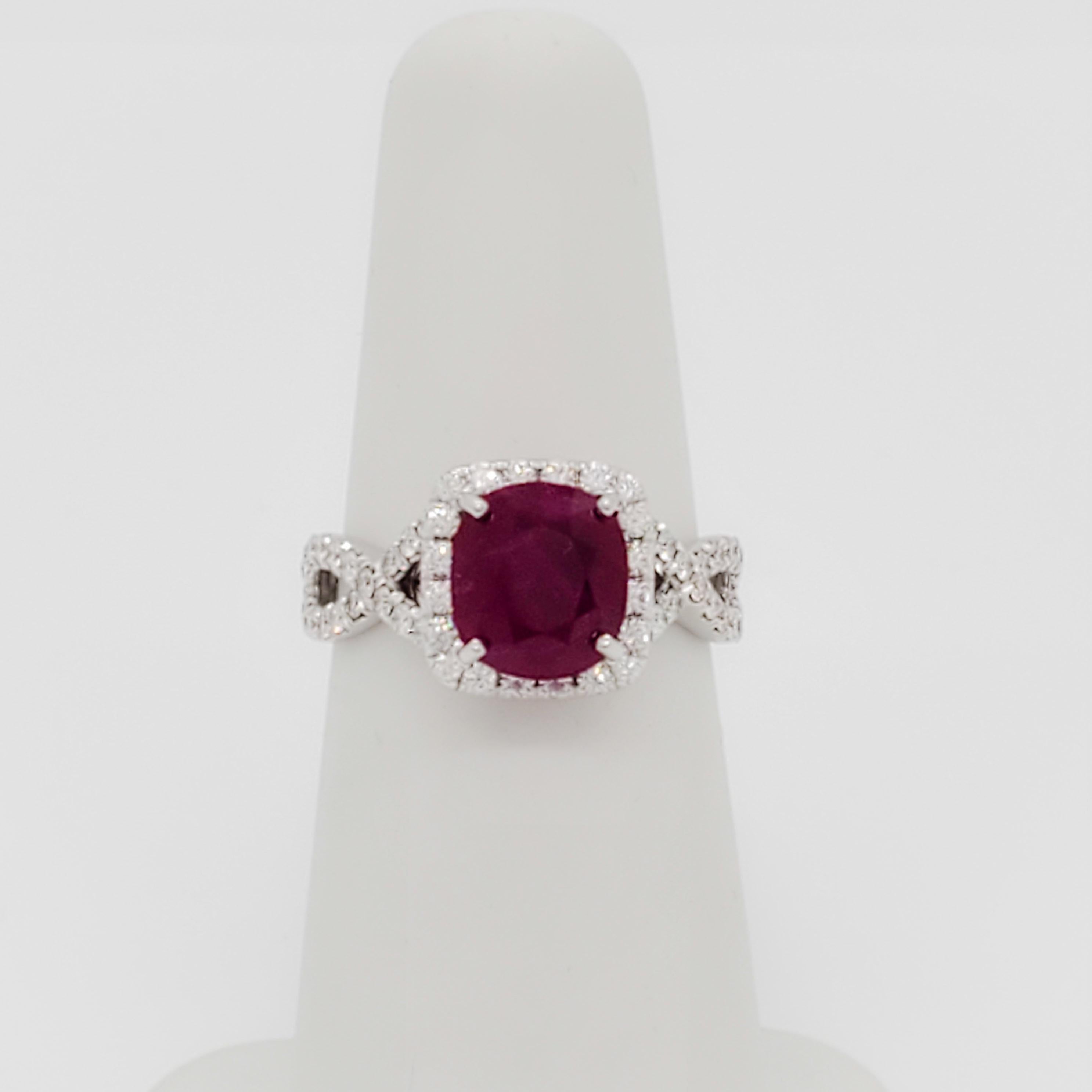 GIA Burma Ruby Cushion and White Diamond Cocktail Ring in 18k White Gold In New Condition For Sale In Los Angeles, CA