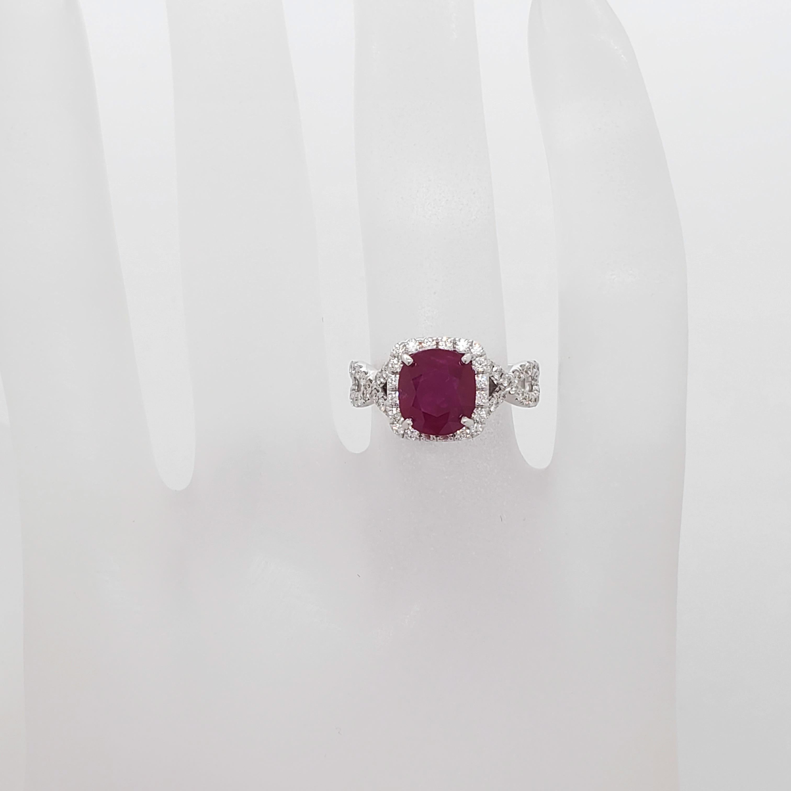 Women's or Men's GIA Burma Ruby Cushion and White Diamond Cocktail Ring in 18k White Gold For Sale