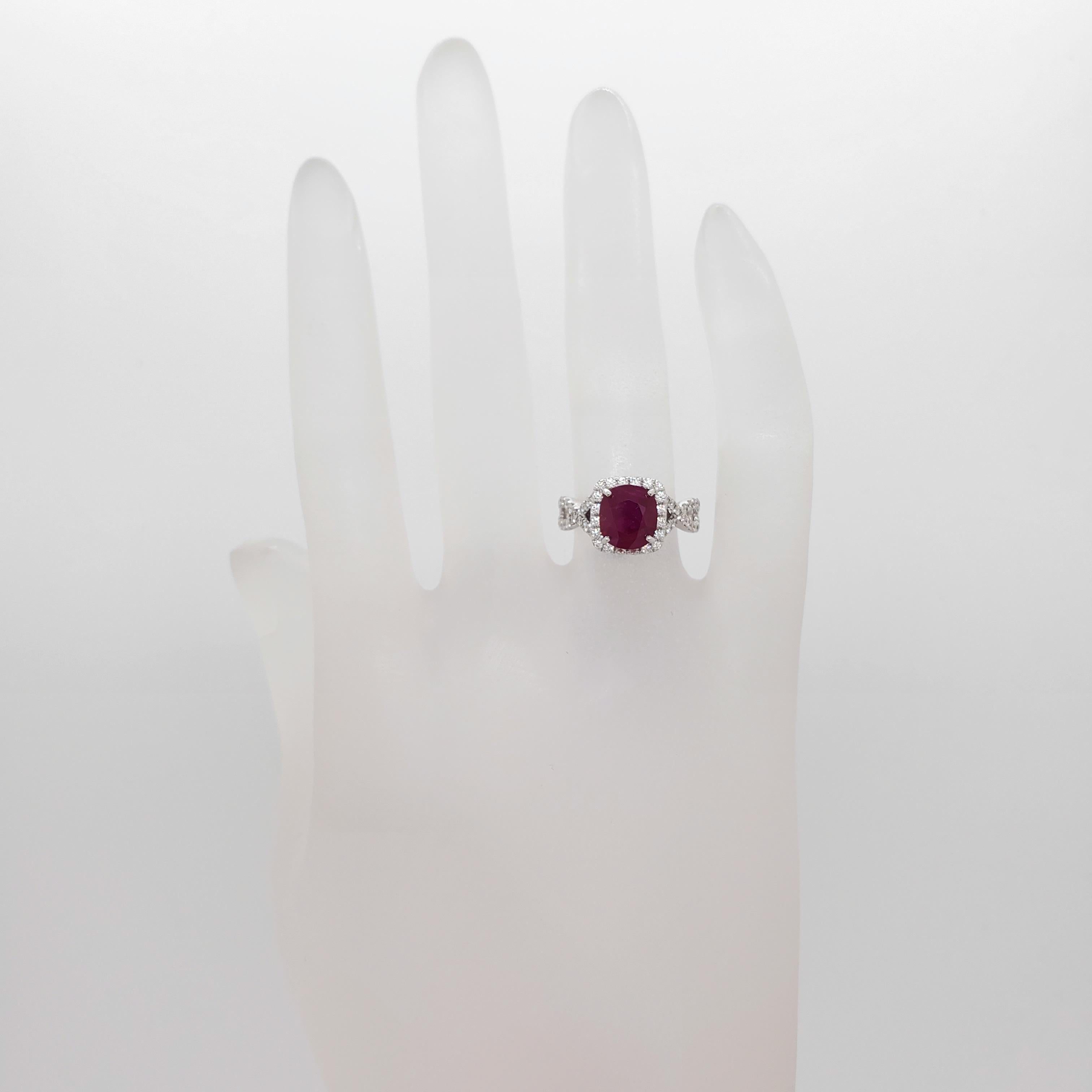 GIA Burma Ruby Cushion and White Diamond Cocktail Ring in 18k White Gold For Sale 1