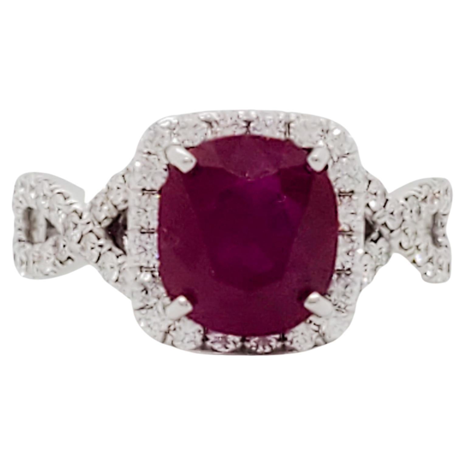 GIA Burma Ruby Cushion and White Diamond Cocktail Ring in 18k White Gold For Sale