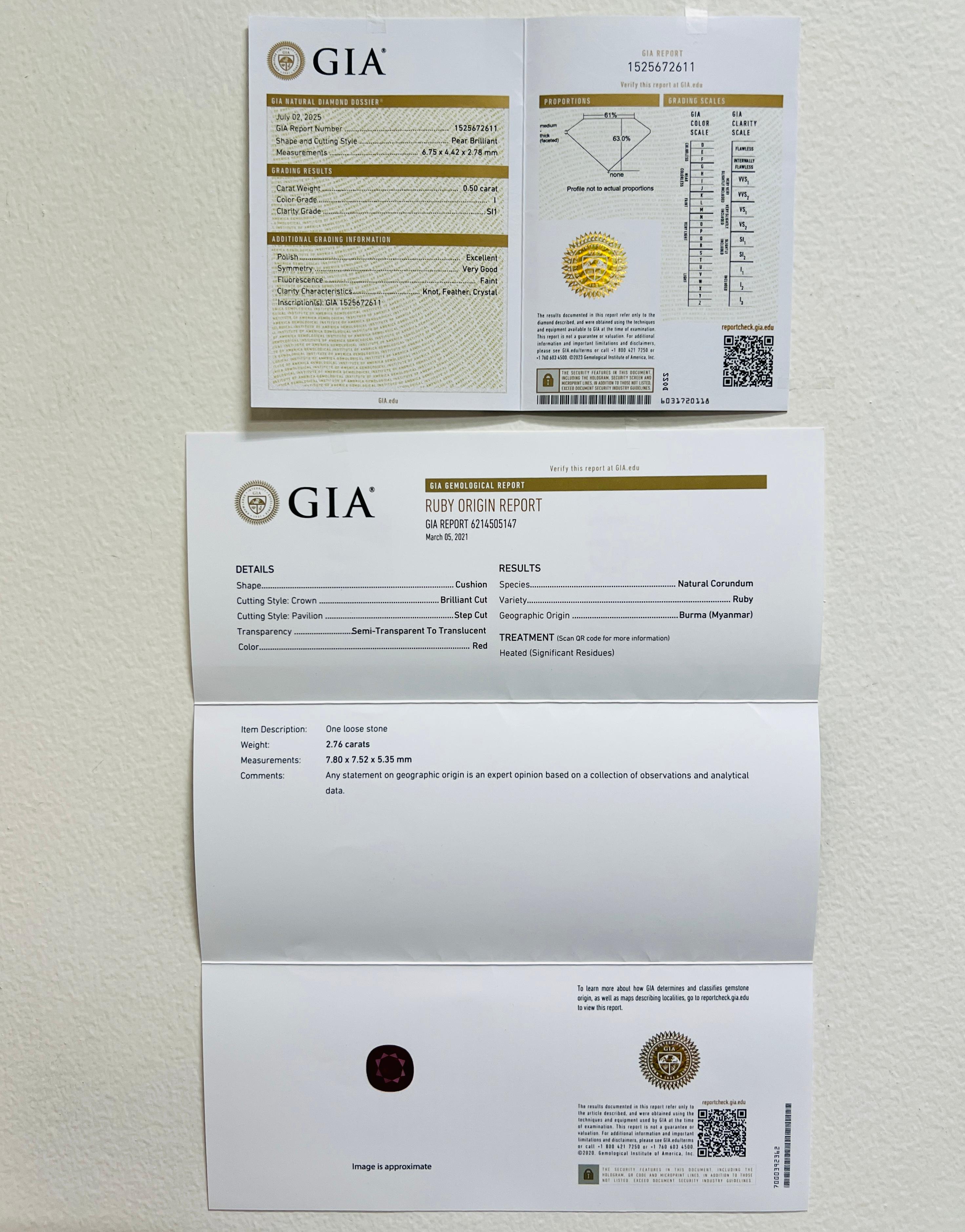 Collier poire en or jaune 14K avec coussin de rubis de Birmanie GIA et diamant blanc en vente 3