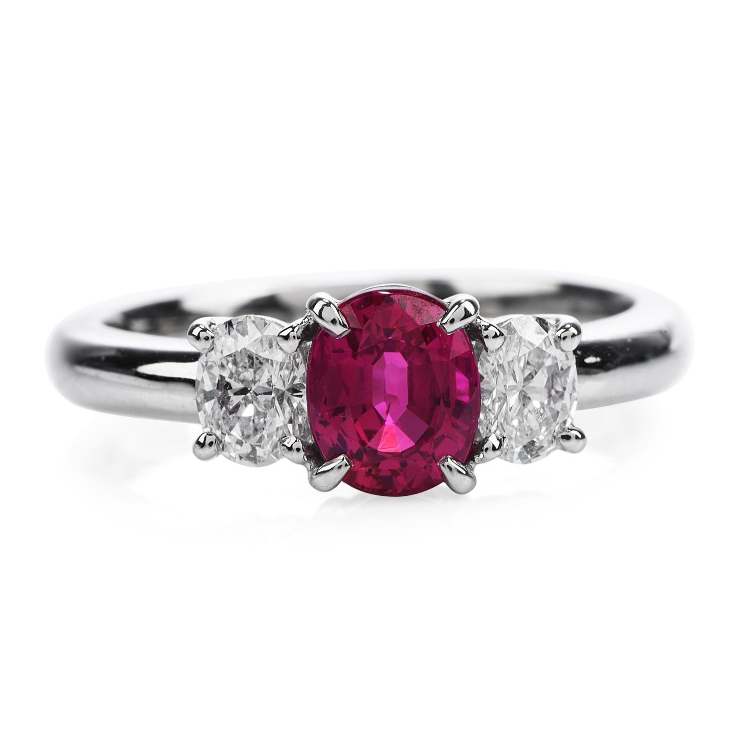 Artist GIA Burma Ruby Diamond Platinum Three-Stone Engagement Ring