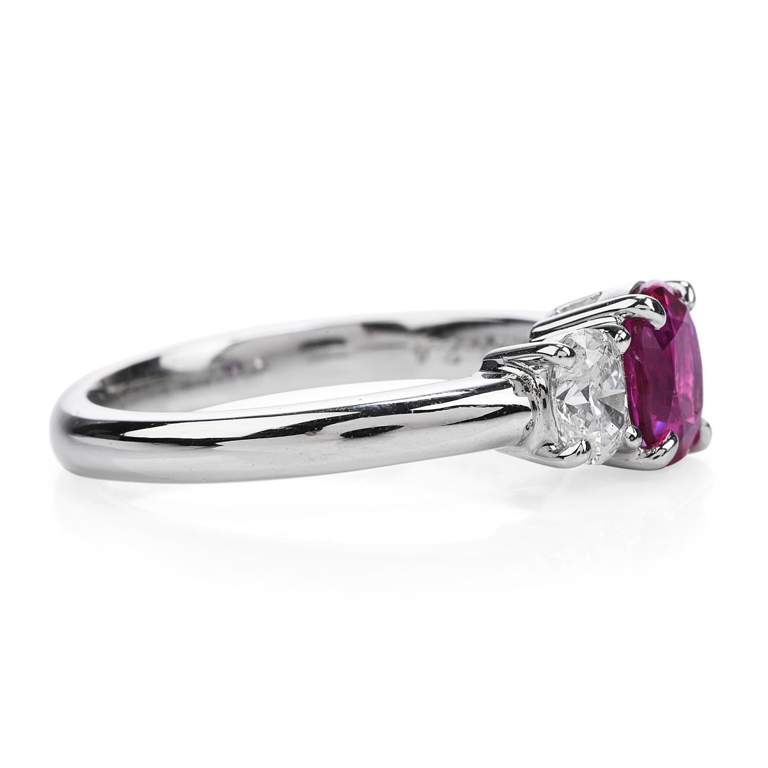 GIA Burma Ruby Diamond Platinum Three-Stone Engagement Ring In Excellent Condition For Sale In Miami, FL