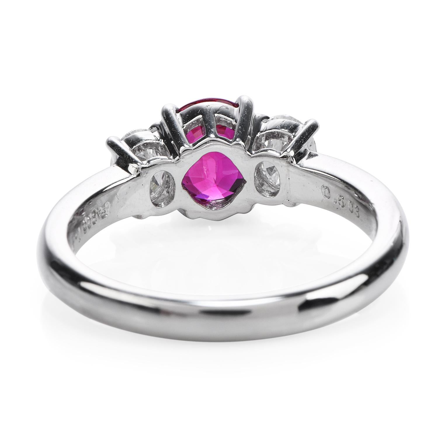 Women's GIA Burma Ruby Diamond Platinum Three-Stone Engagement Ring For Sale