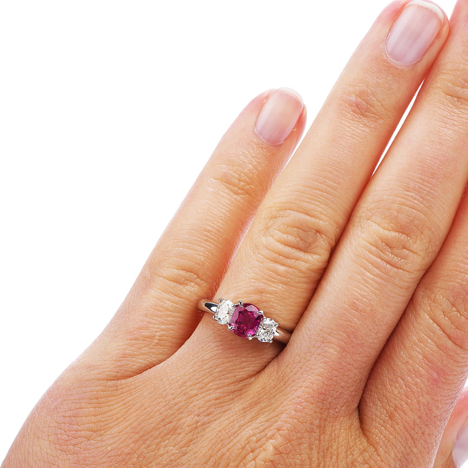 GIA Burma Ruby Diamond Platinum Three-Stone Engagement Ring 1