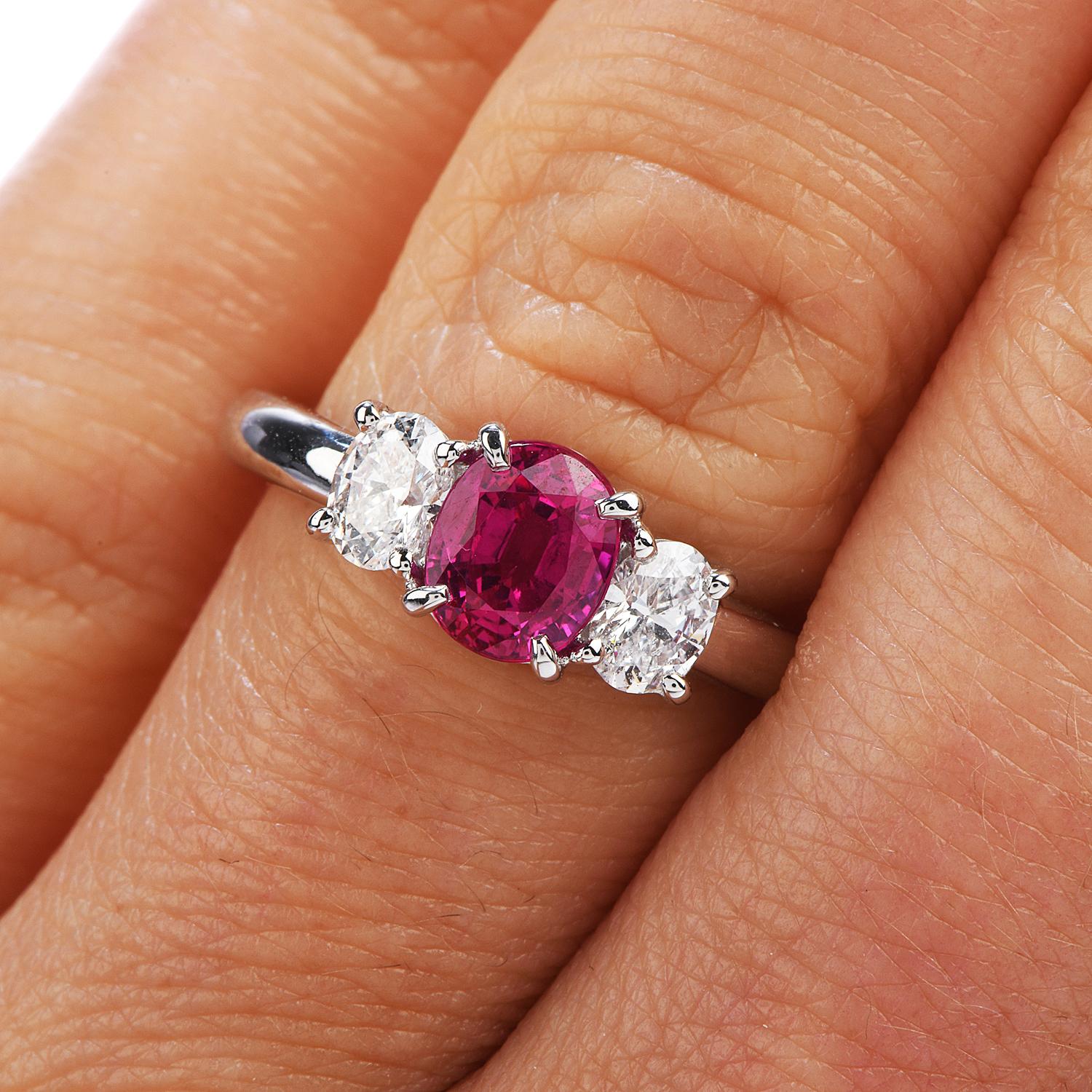 GIA Burma Ruby Diamond Platinum Three-Stone Engagement Ring For Sale 1