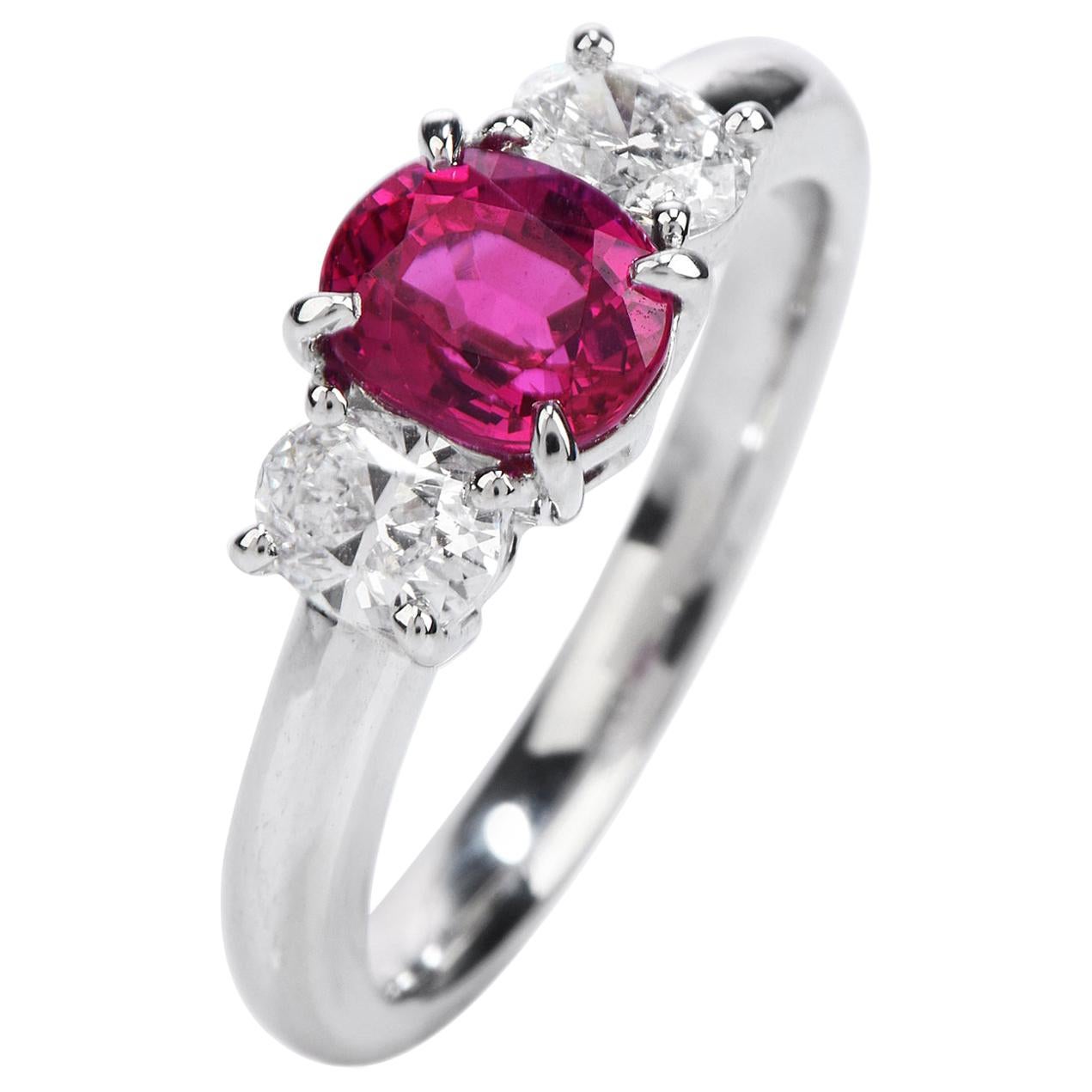 GIA Burma Ruby Diamond Platinum Three-Stone Engagement Ring