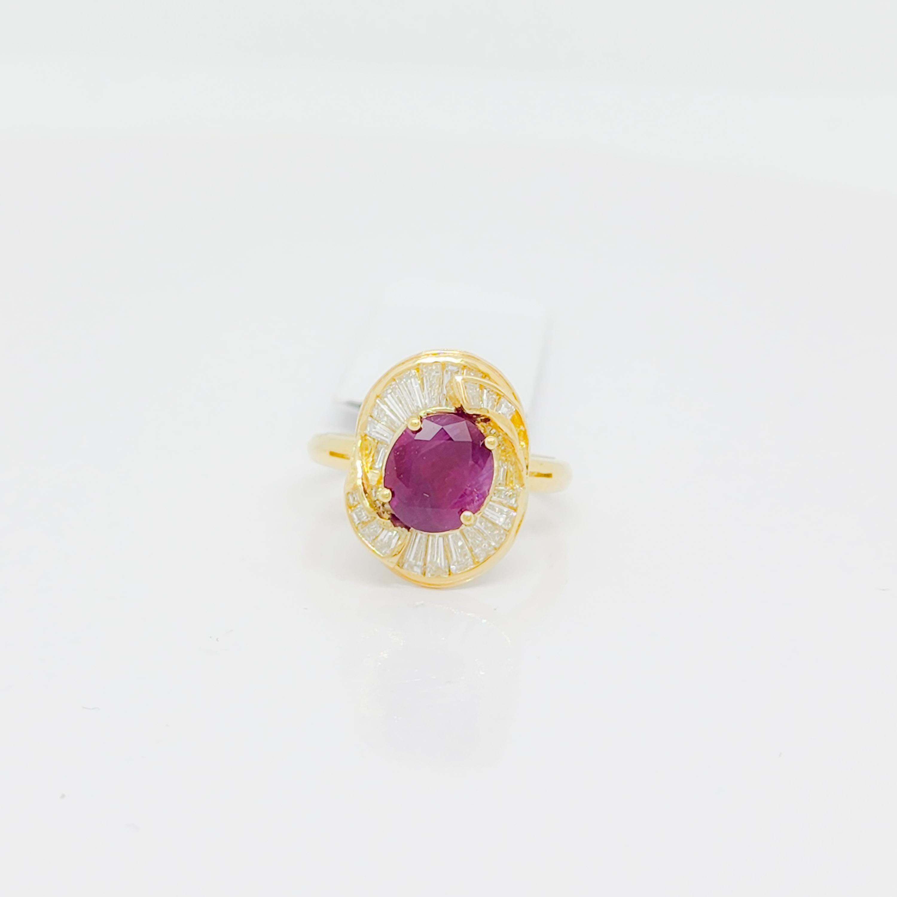 Women's or Men's GIA Burma Ruby Oval and White Diamond Ring in 18k Yellow Gold For Sale