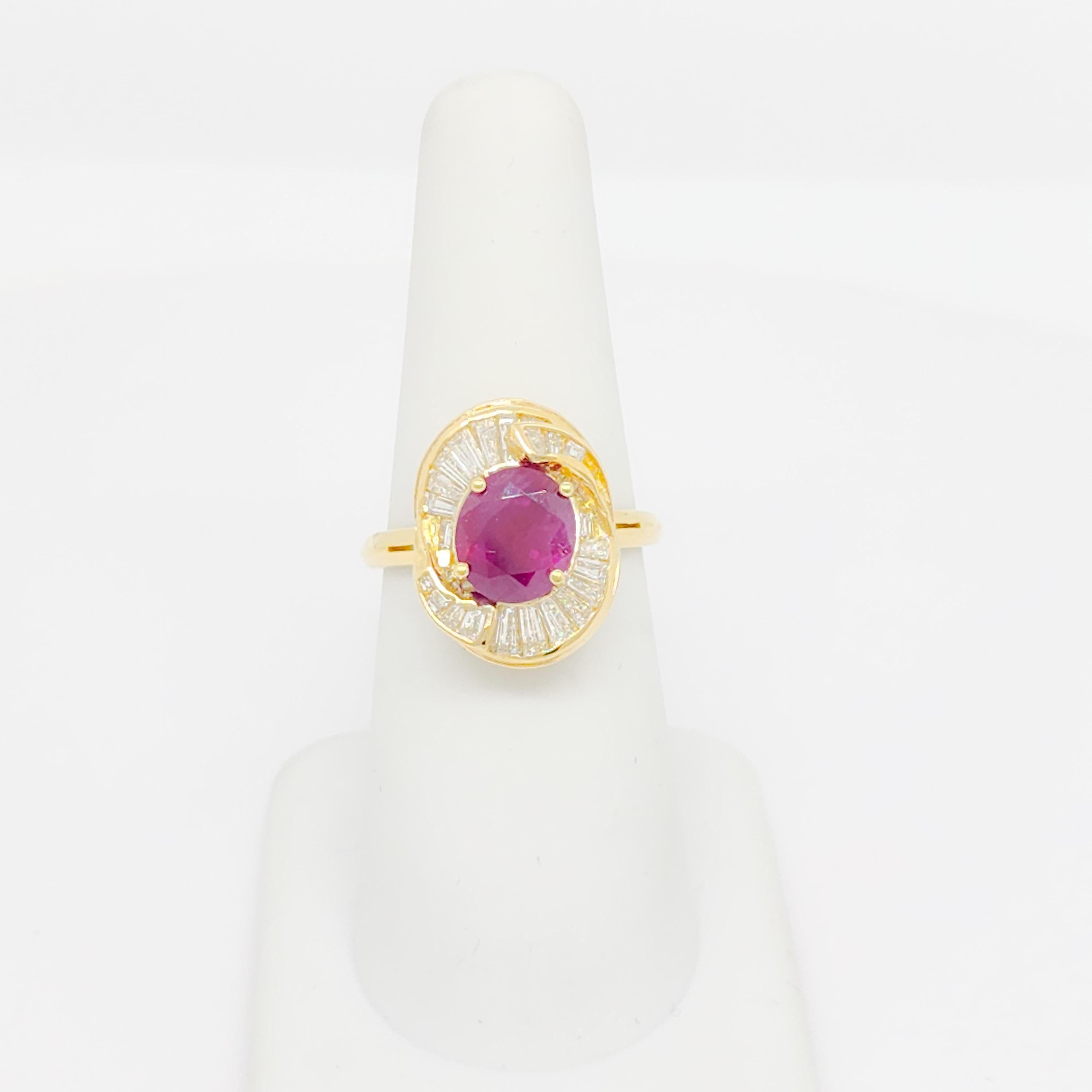 Oval Cut GIA Burma Ruby Oval and White Diamond Ring in 18k Yellow Gold For Sale