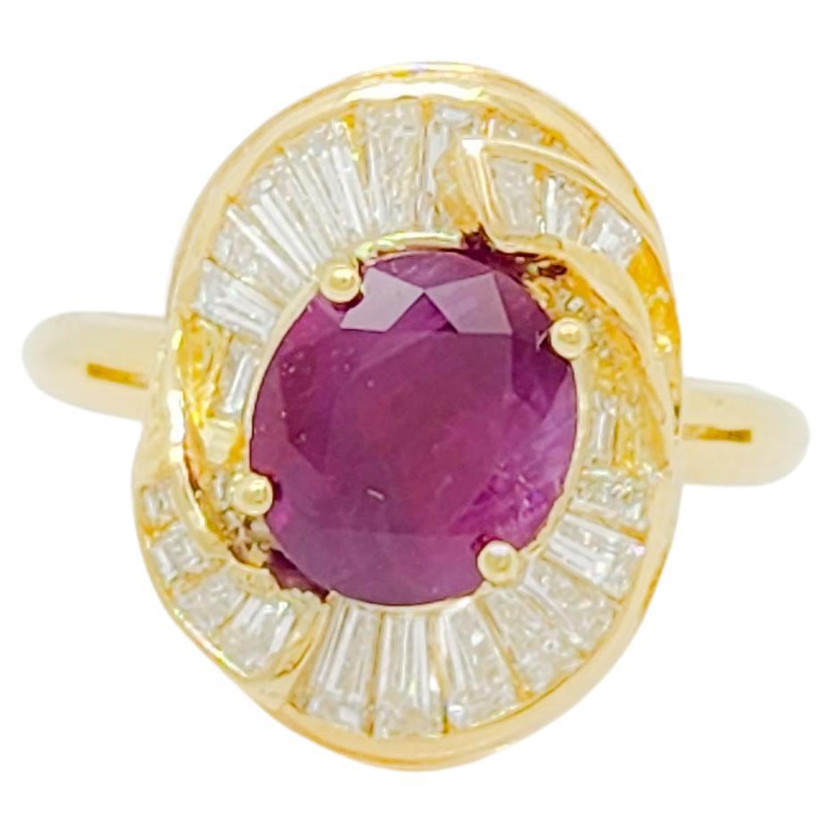 Bague en or jaune 18k avec rubis de Birmanie ovale et diamant blanc GIA