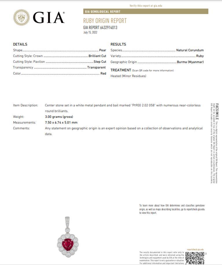 GIA Burma-Rubin-Halskette mit birnenförmigem Anhänger aus Platin mit runden Diamanten in Platin (Tropfenschliff) im Angebot