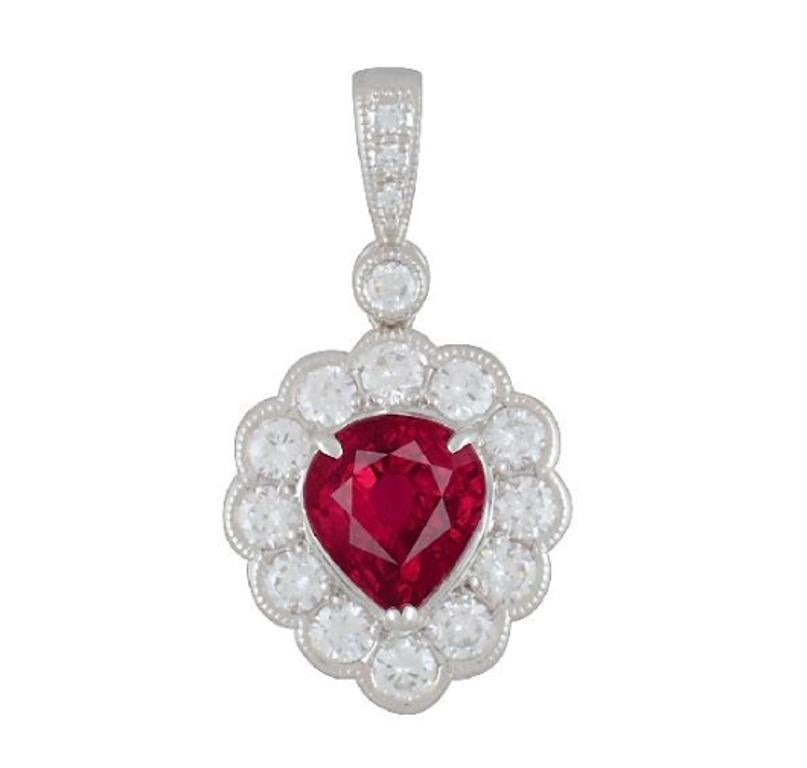 GIA Burma Ruby Pear-shape Pendant Necklace with Round Diamonds in Platinum In Excellent Condition For Sale In La Jolla, CA