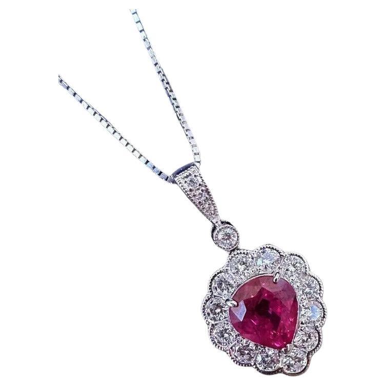 GIA Burma Ruby Pear-shape Pendant Necklace with Round Diamonds in Platinum For Sale