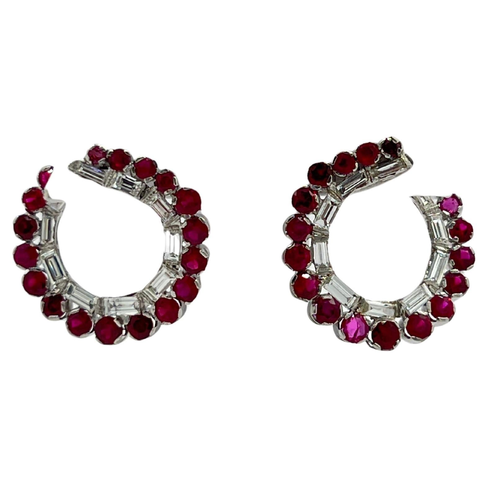 GIA Burma Rubin Runde und Diamant Baguette Hoop Ohrringe in Platin im Angebot