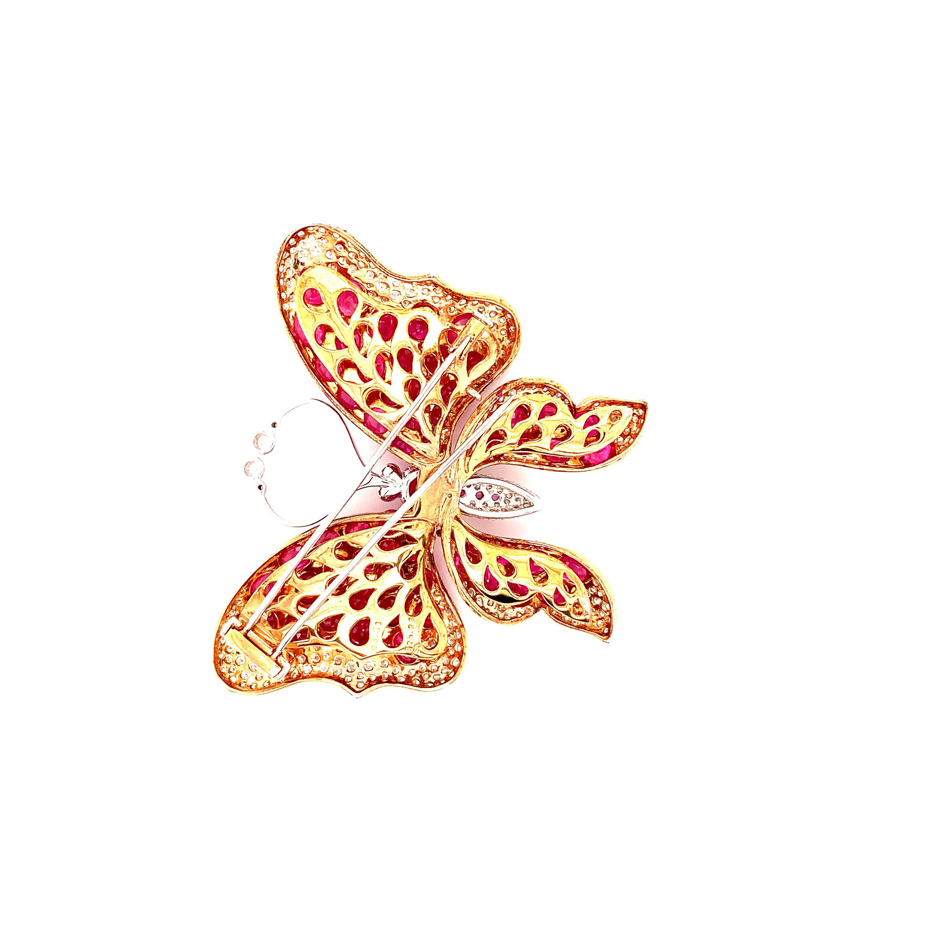 Épingle papillon en or jaune pavé de diamants, saphirs roses et rubis de Birmanie, certifié GIA en vente 5