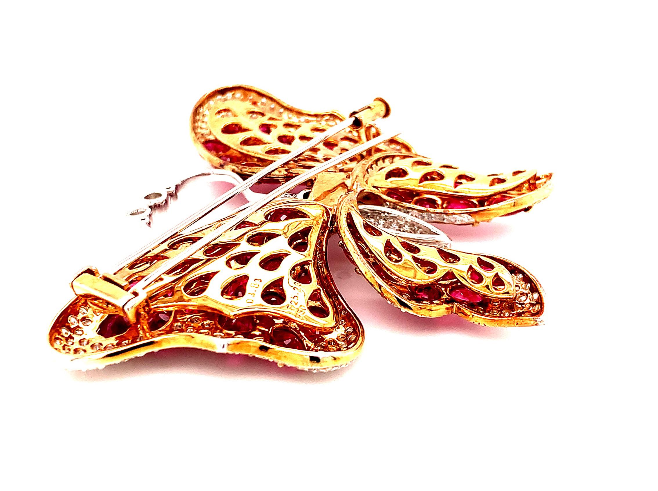 Artisan GIA Burmese Ruby Pink Sapphire and Diamond Pave Yellow Gold Butterfly Pin For Sale