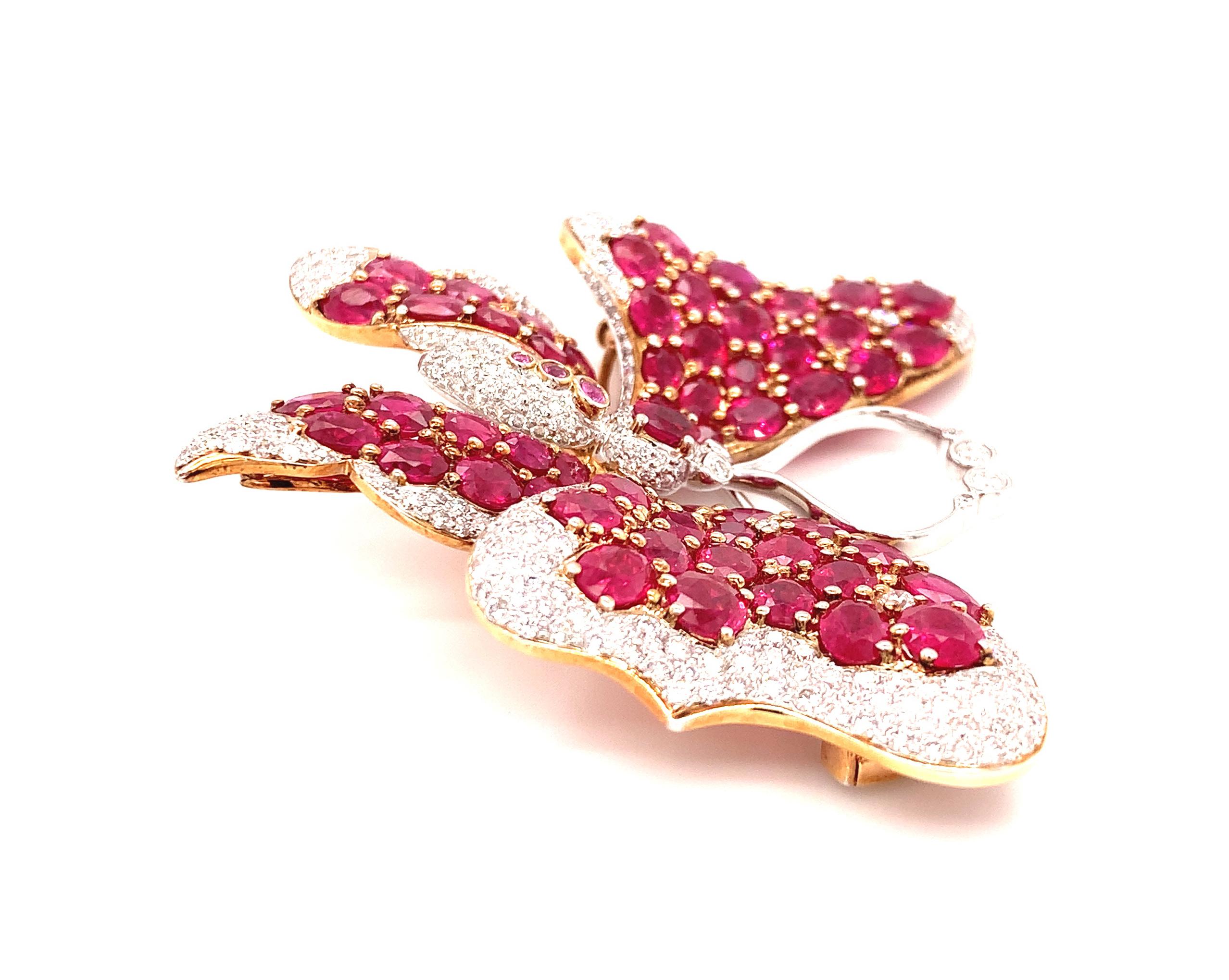 Épingle papillon en or jaune pavé de diamants, saphirs roses et rubis de Birmanie, certifié GIA en vente 3