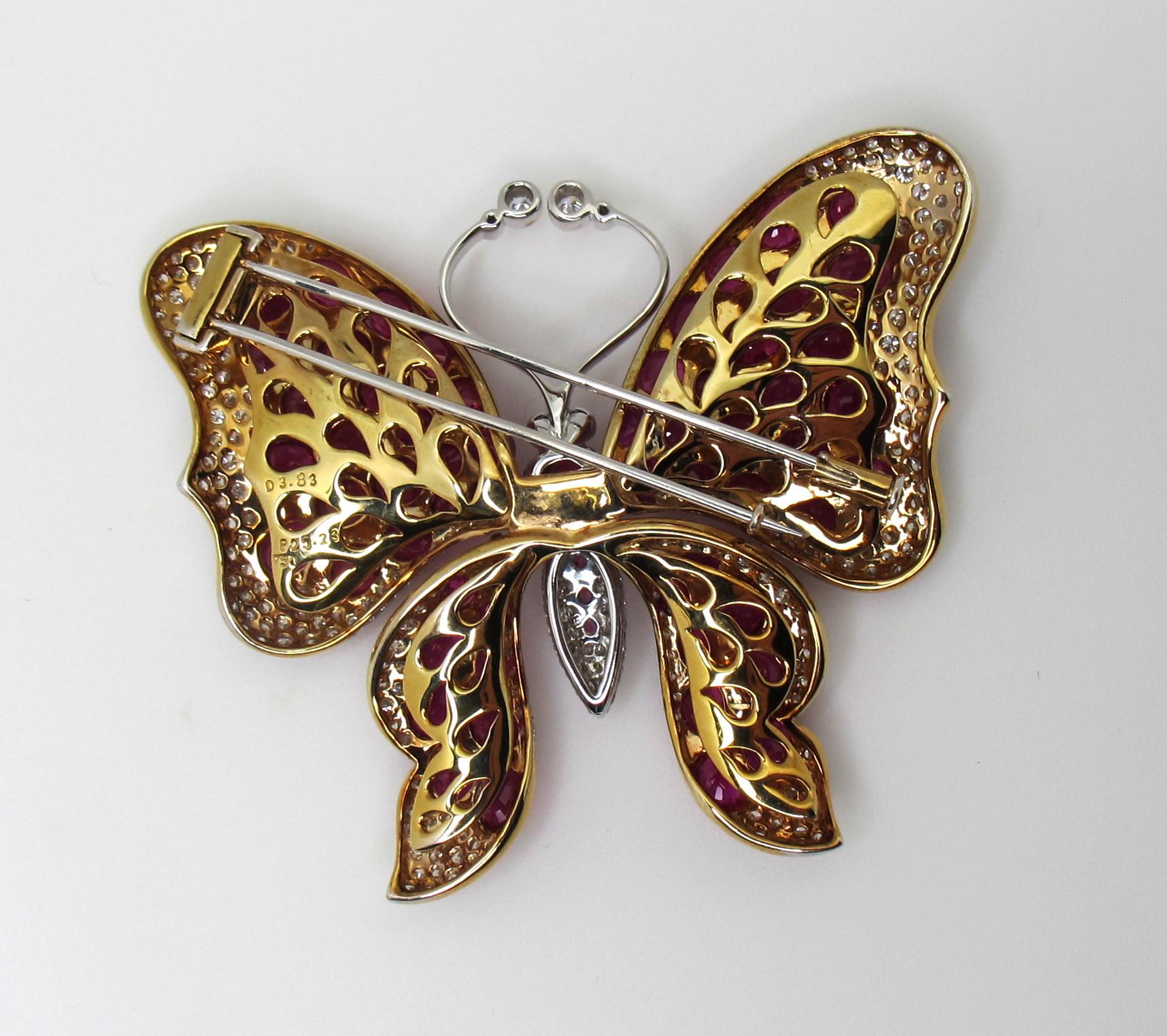 GIA Burmese Ruby Pink Sapphire and Diamond Pave Yellow Gold Butterfly Pin For Sale 6