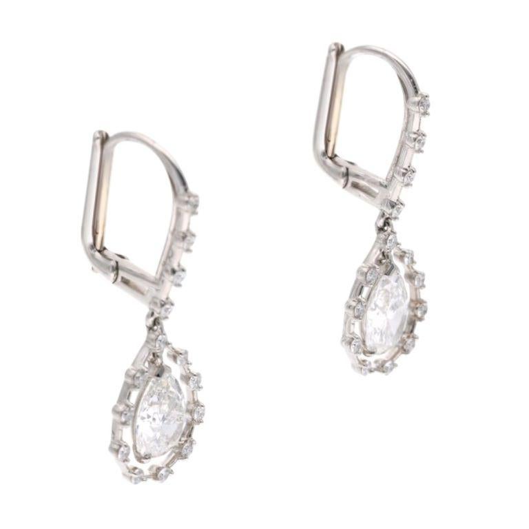 Pear Cut GIA Certified 1.32 Cts and 1.26 Cts Platinum and Diamond Drop Earrings  For Sale