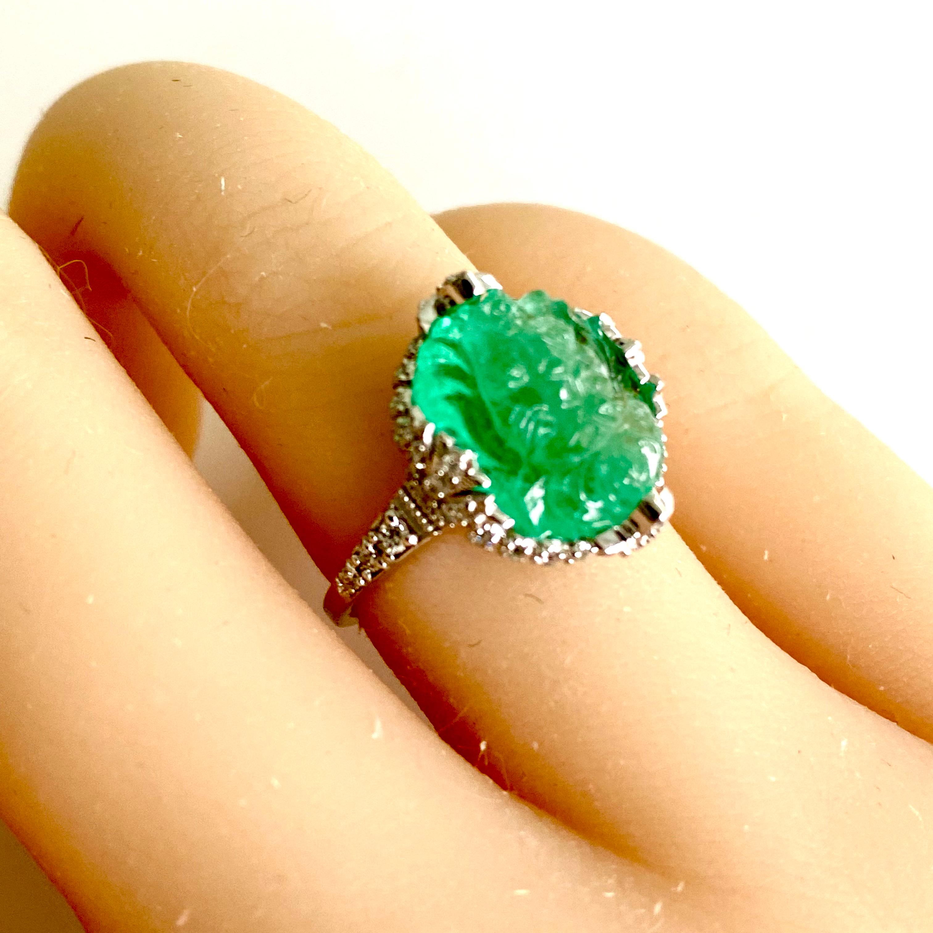 Contemporary GIA Certified Old Carved Emerald Diamond 6.15 Carat Eighteen Karat Gold Ring  For Sale