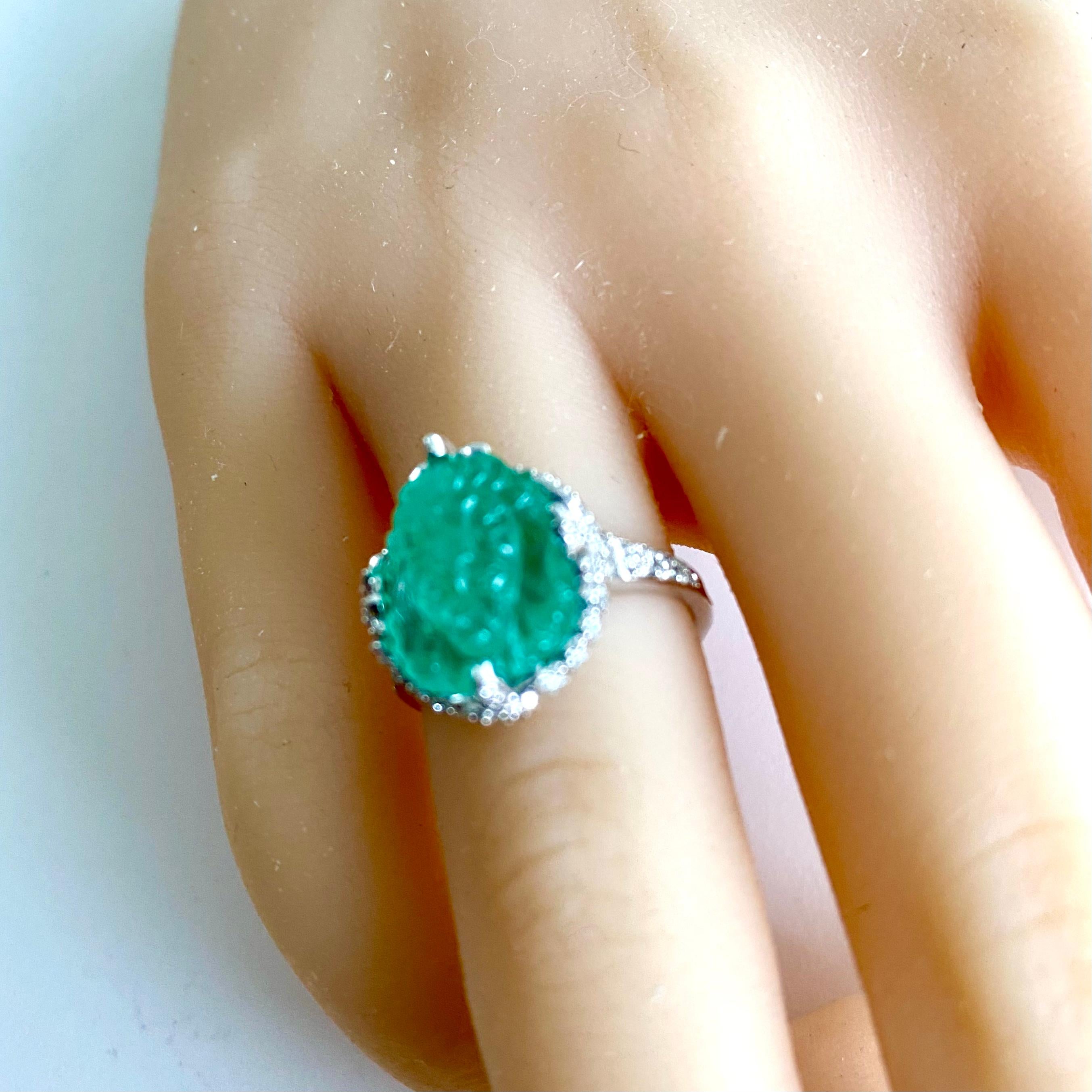 GIA Certified Old Carved Emerald Diamond 6.15 Carat Eighteen Karat Gold Ring  In New Condition For Sale In New York, NY