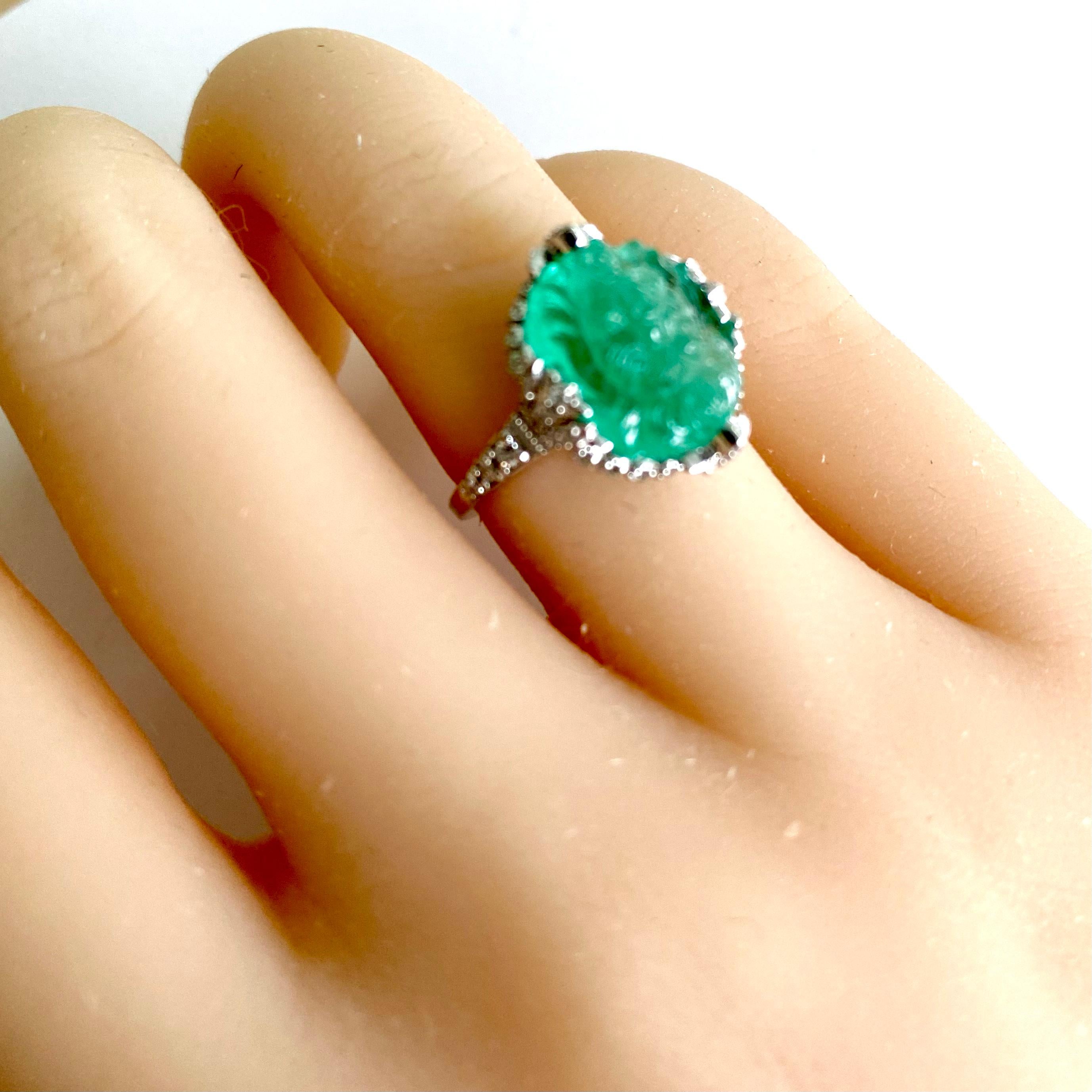Women's or Men's GIA Certified Old Carved Emerald Diamond 6.15 Carat Eighteen Karat Gold Ring  For Sale