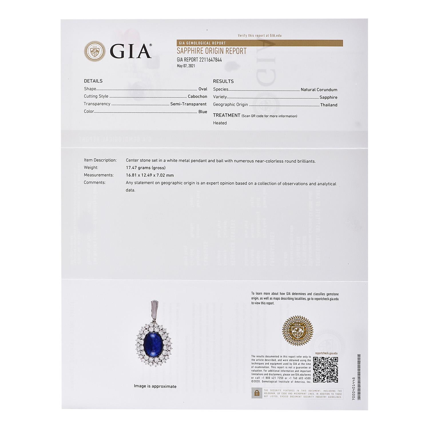 Women's or Men's GIA Cabochon 15.92cts  Blue Sapphire Diamond Platinum Double Halo Dangle Pendant For Sale