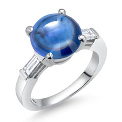 GIA Cabochon No Heat Ceylon Cabochon Sapphire Diamond 6.56 Carat Platinum Ring