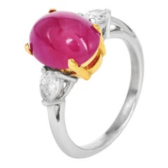 GIA Cabochon Ruby & Diamond Three-Stone Platinum Ring