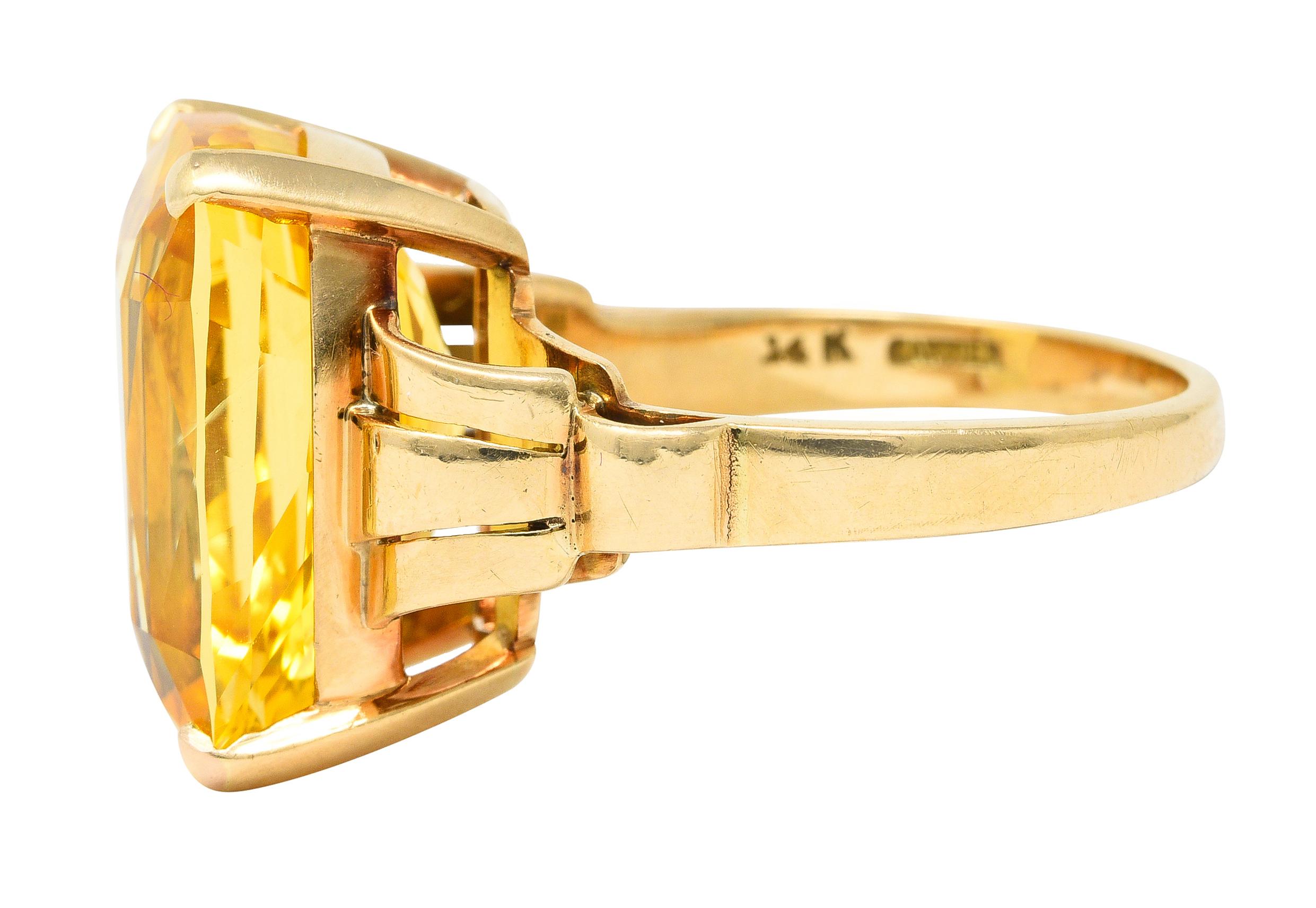 GIA Cartier Retro 17.33 Carats No Heat Cushion Cut Ceylon Yellow Sapphire Ring In Excellent Condition In Philadelphia, PA