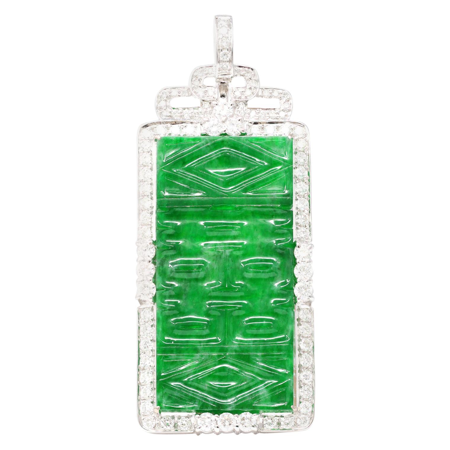 GIA Carved Jadeite Jade Type A and Diamond Pendant in 18k