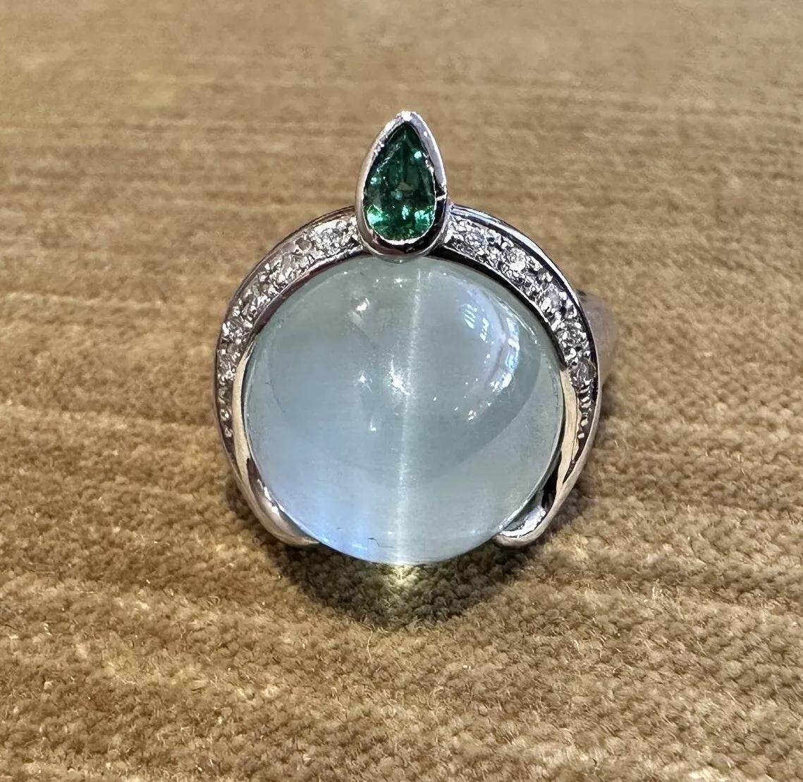Cabochon GIA Cat's Eye Aquamarine and Diamond Ring in Platinum For Sale