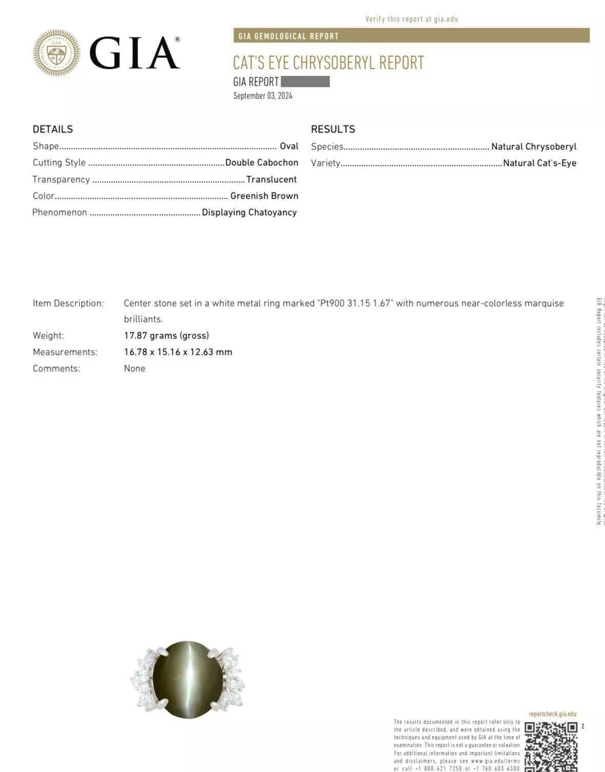 GIA Certified 31.15 carat Cat's Eye Chrysoberyl and Diamond Ring in Platinum 

Cat's Eye Chrysoberyl and Diamond Ring features a GIA certified Natural Cat's Eye Chrysoberyl weighing 31.15 carats accented with 14 Marquise Diamonds, all set in