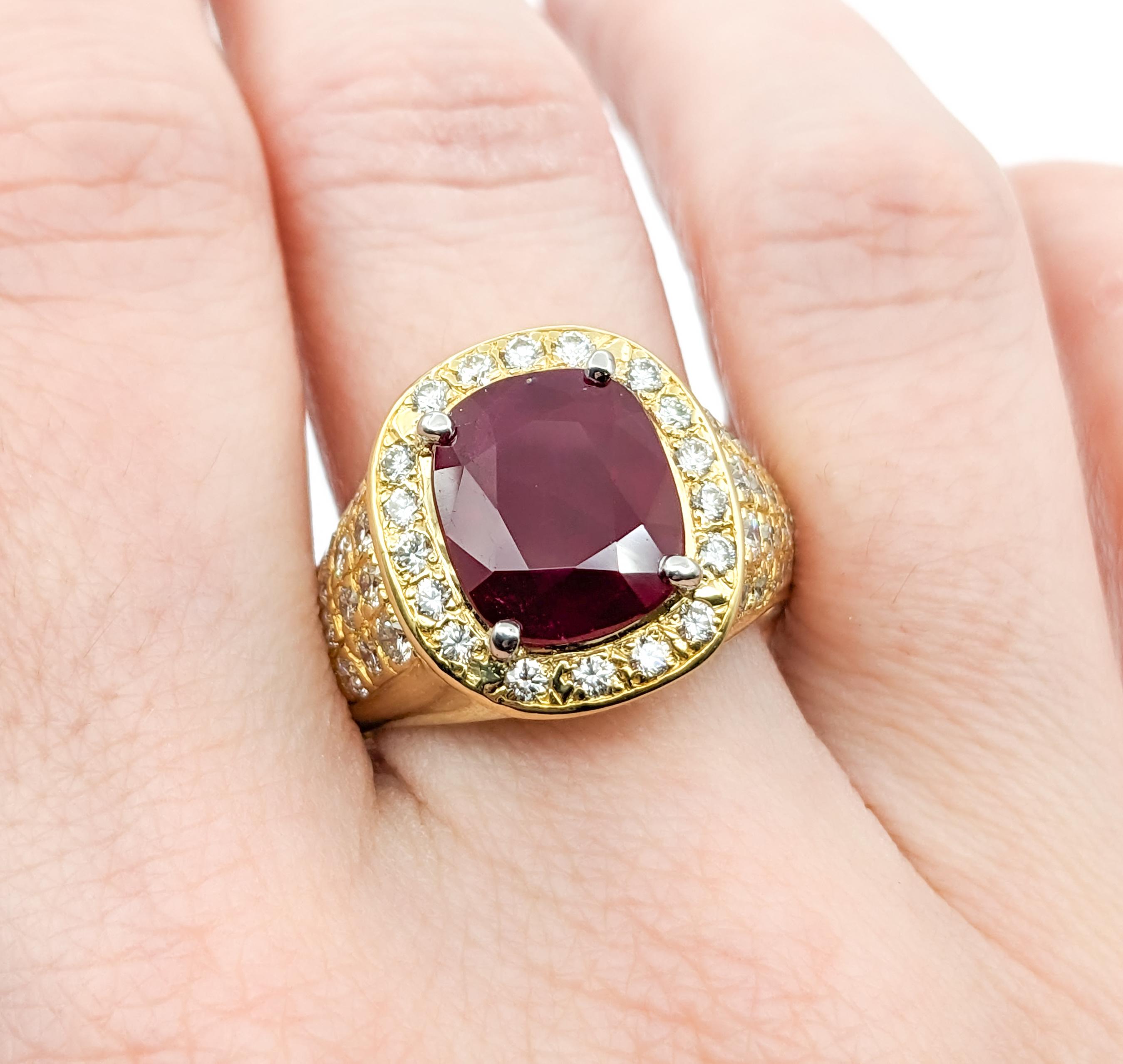 Contemporary GIA Cerified 5.87ct Heat-only Burmese Ruby & 1.50ctw Diamonds Ring In Yellow Gol For Sale