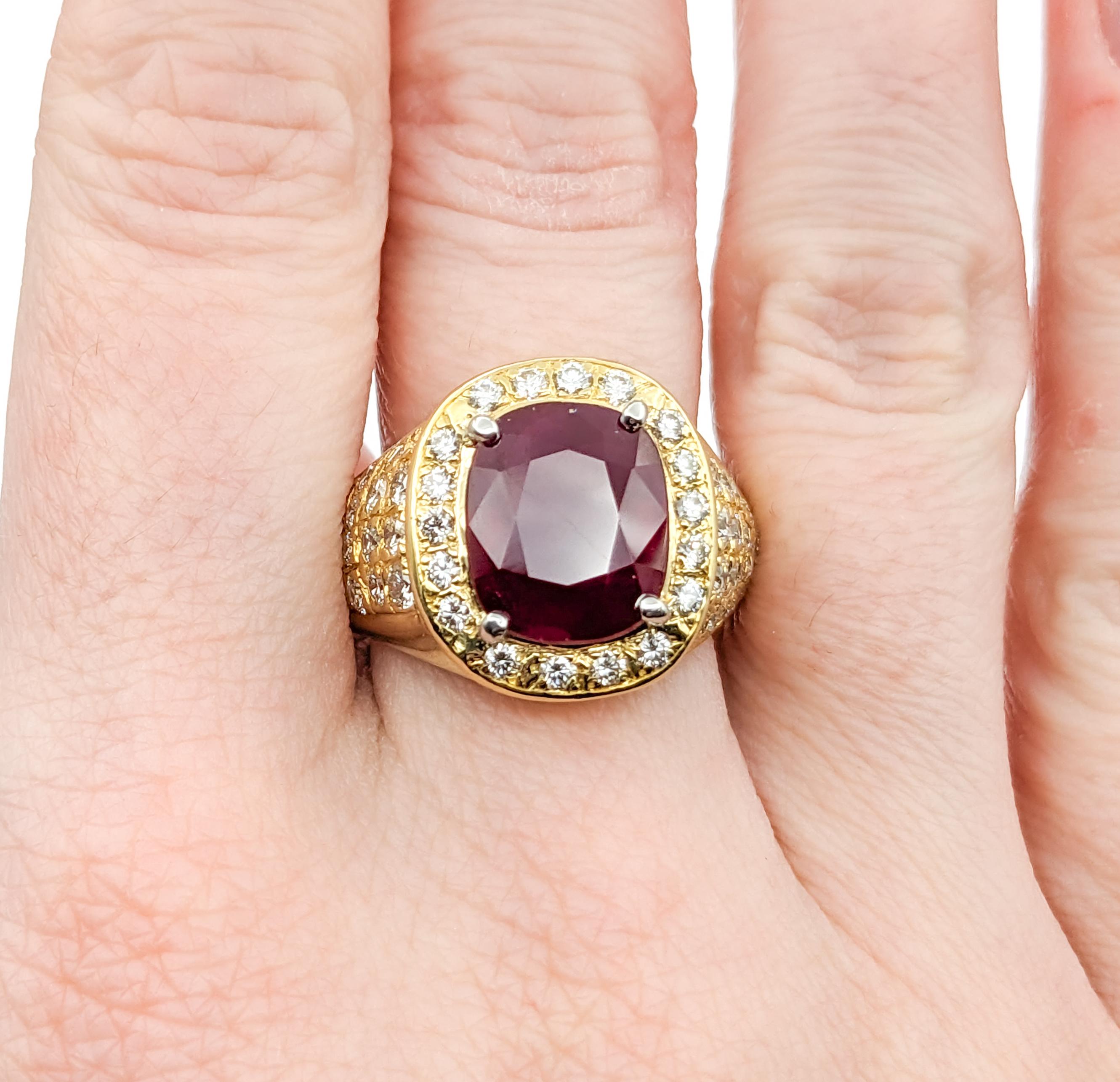 Round Cut GIA Cerified 5.87ct Heat-only Burmese Ruby & 1.50ctw Diamonds Ring In Yellow Gol For Sale