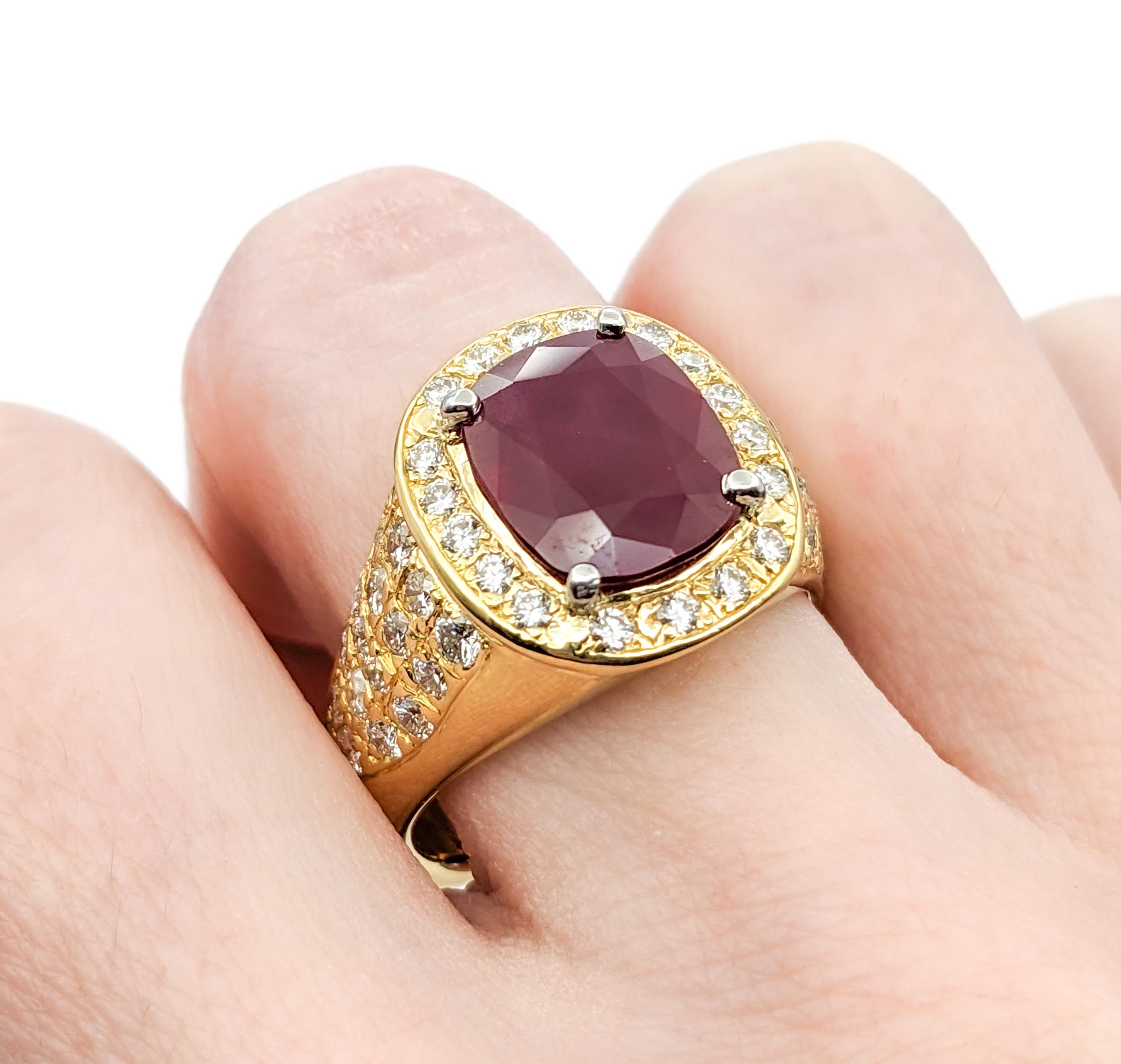 GIA Cerified 5.87ct Heat-only Burmese Ruby & 1.50ctw Diamonds Ring In Yellow Gol In Excellent Condition For Sale In Bloomington, MN
