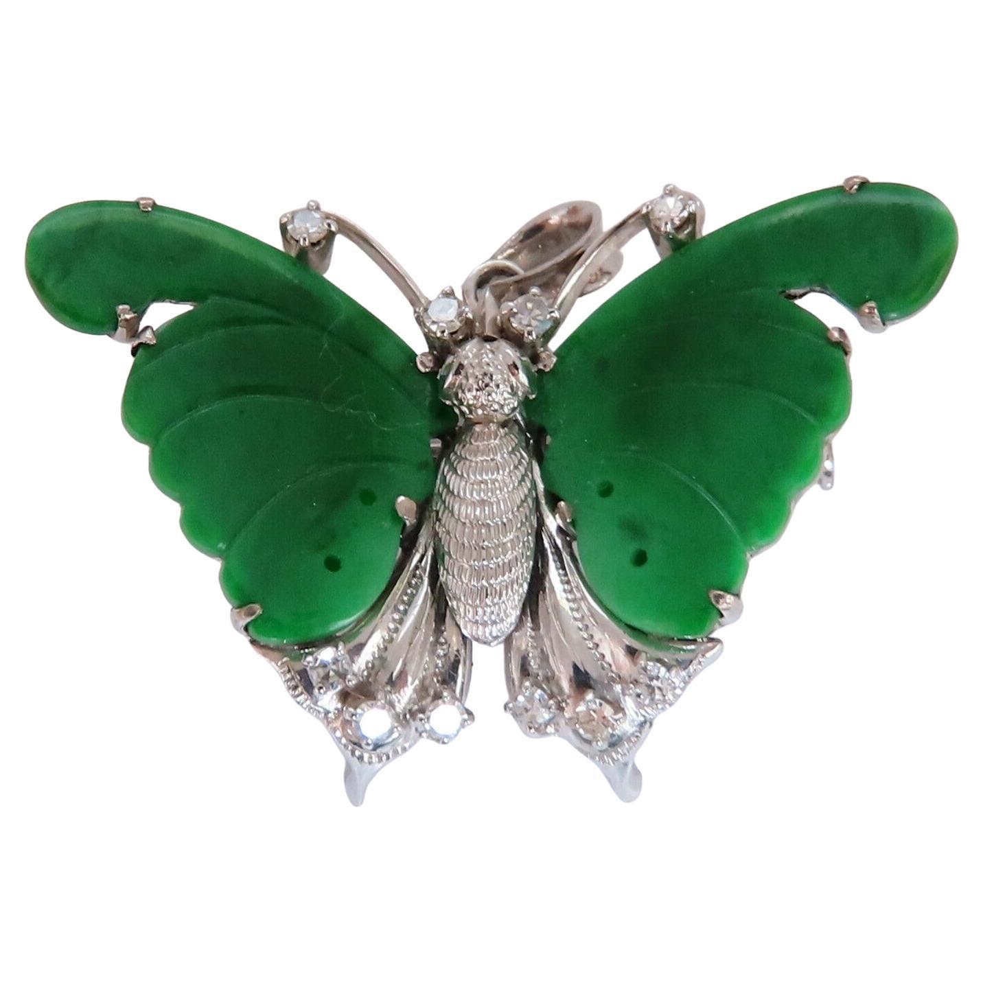GIA Cerified Natural Jade Butterfly Pendant / Pin 18 Karat For Sale at