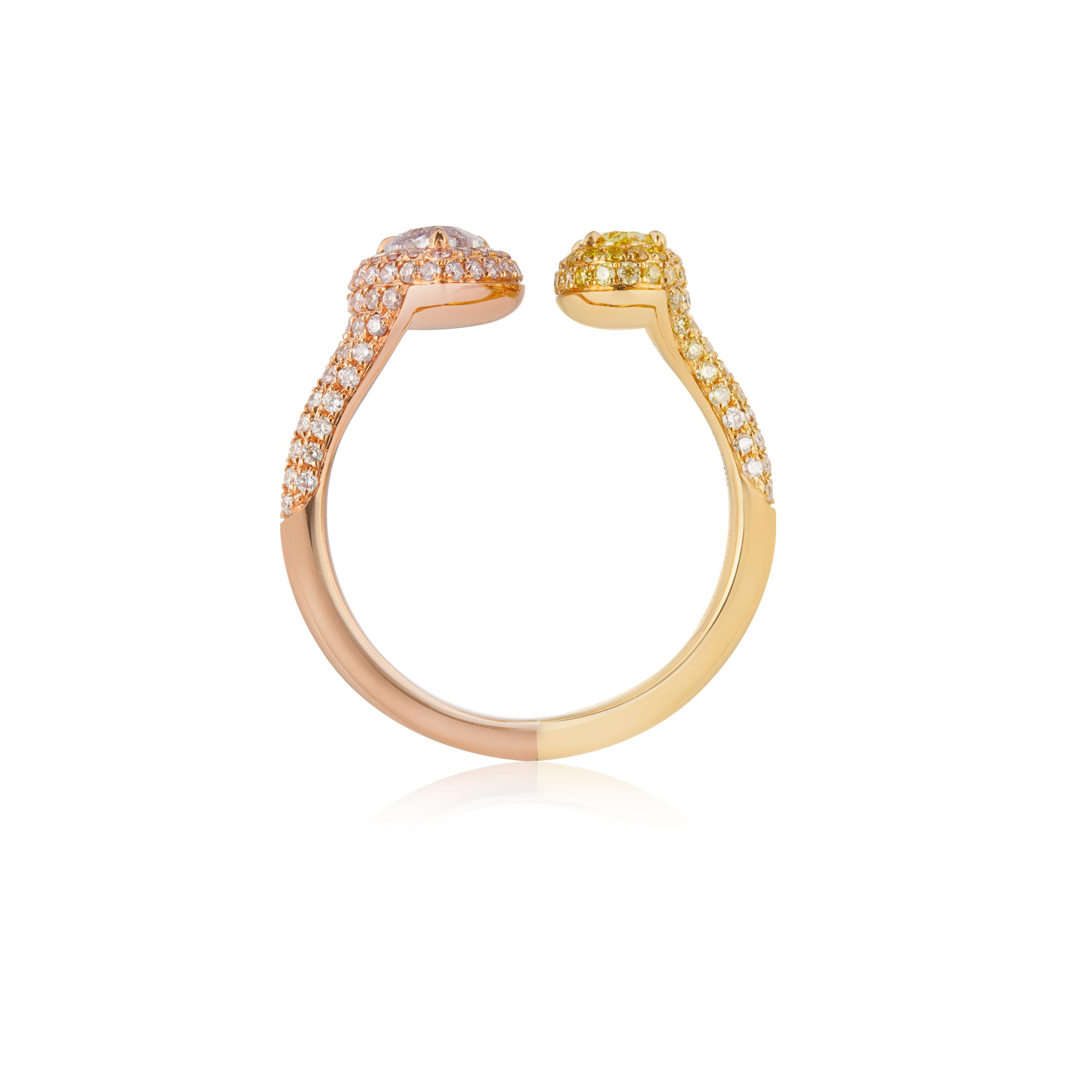 Women's GIA Cert 0.61ct Fancy intense Yellow and Fancy Light Purplish Pink Diamond Ring For Sale