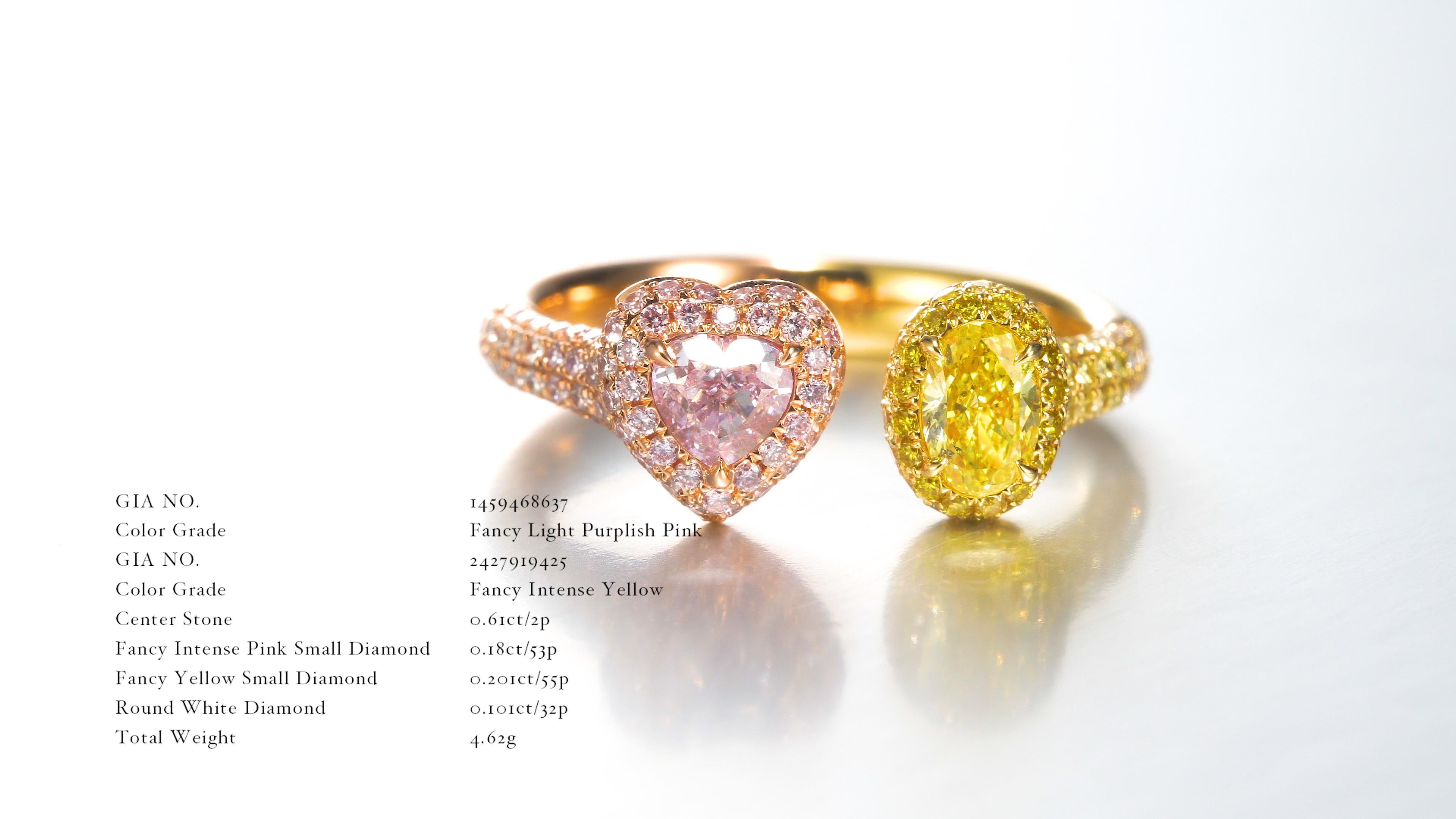 GIA Cert 0.61ct Fancy intense Yellow and Fancy Light Purplish Pink Diamond Ring For Sale 1