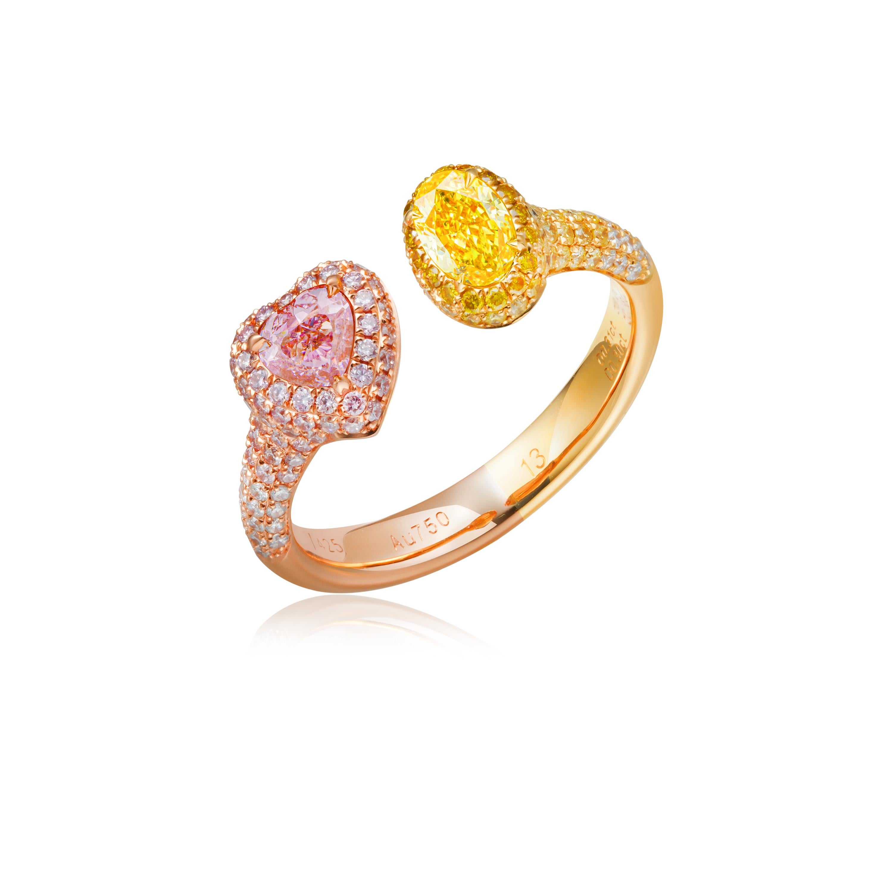 GIA Cert 0.61ct Fancy intense Yellow and Fancy Light Purplish Pink Diamond Ring For Sale 3