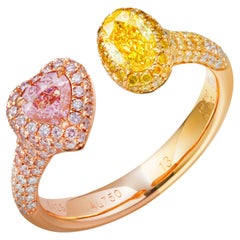 GIA Cert 0.61ct Fancy intense Yellow and Fancy Light Purplish Pink Diamond Ring