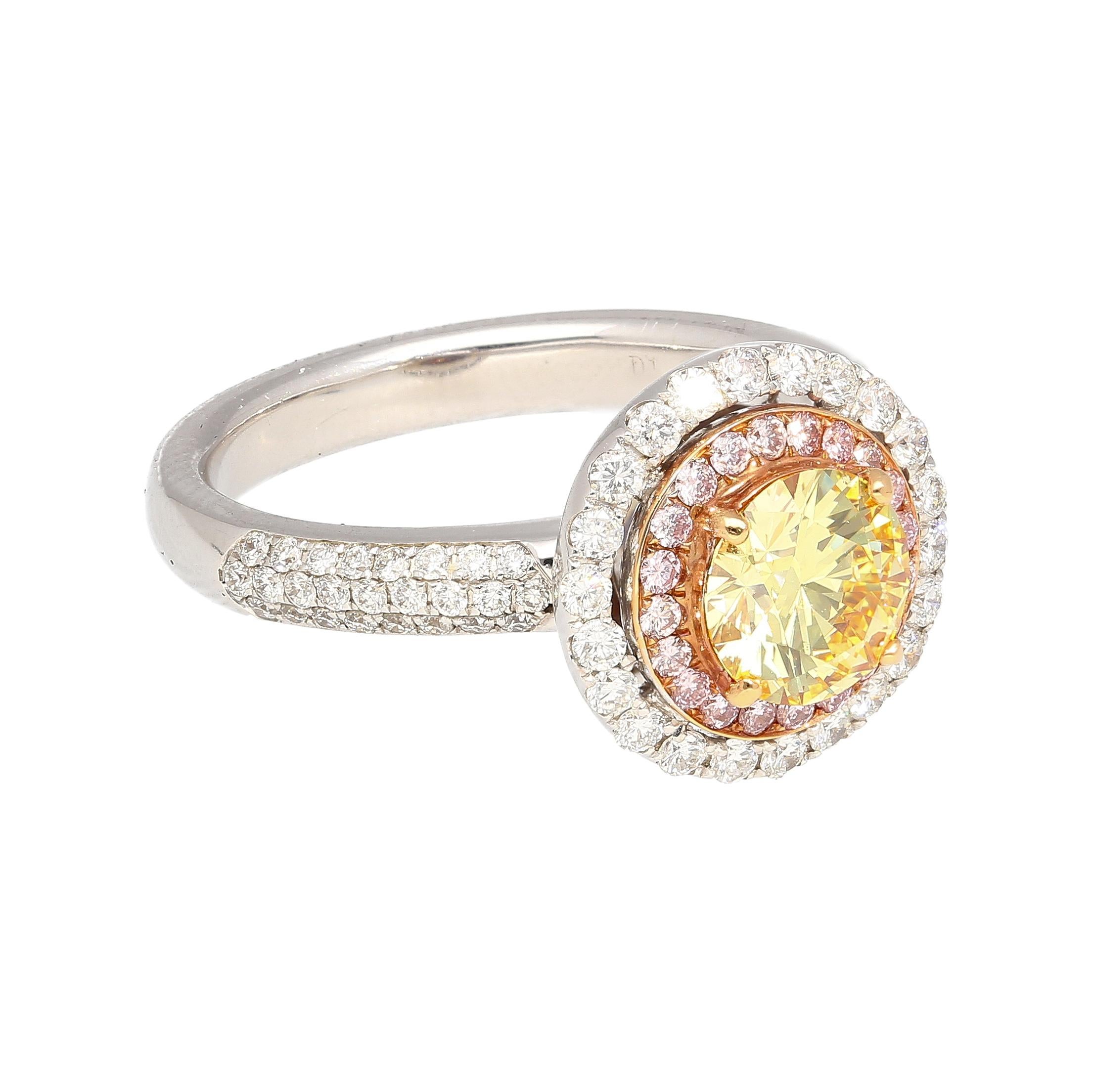 Art Deco GIA Cert 1.01 Carat Round Cut Fancy Yellow Diamond Ring in 18KW Multi Stone Halo For Sale