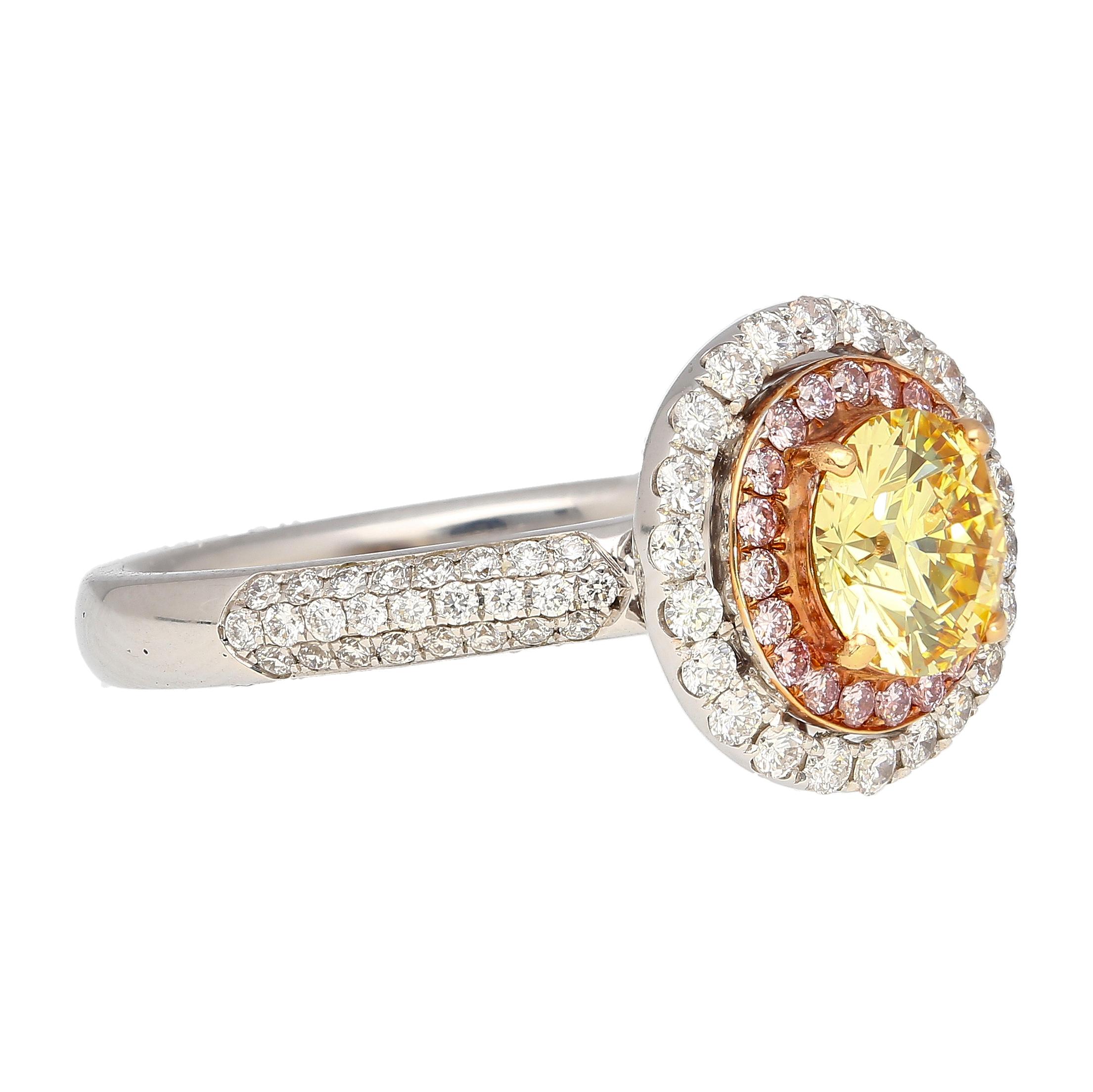 GIA Cert 1.01 Carat Round Cut Fancy Yellow Diamond Ring in 18KW Multi Stone Halo In New Condition For Sale In Miami, FL