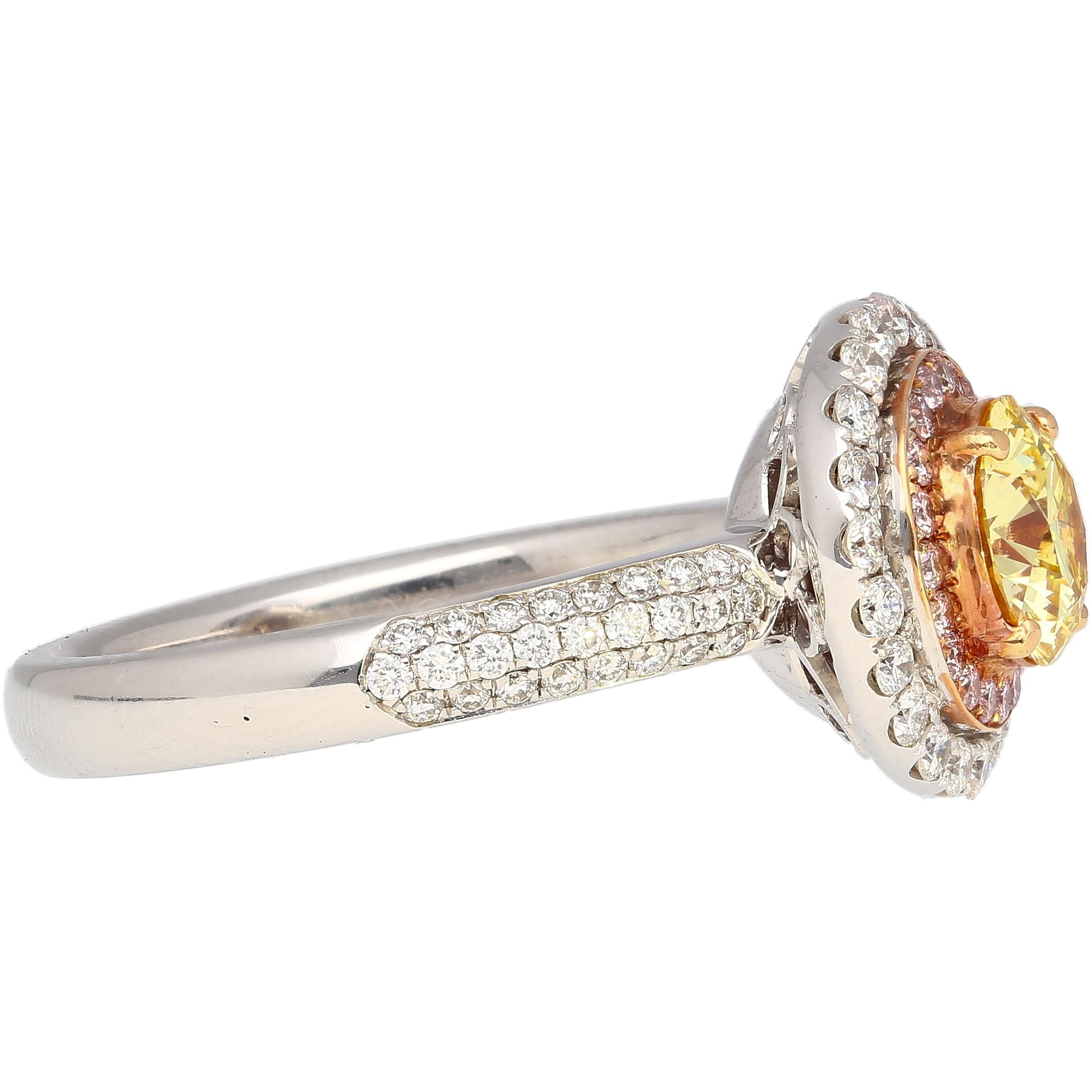 Women's or Men's GIA Cert 1.01 Carat Round Cut Fancy Yellow Diamond Ring in 18KW Multi Stone Halo For Sale