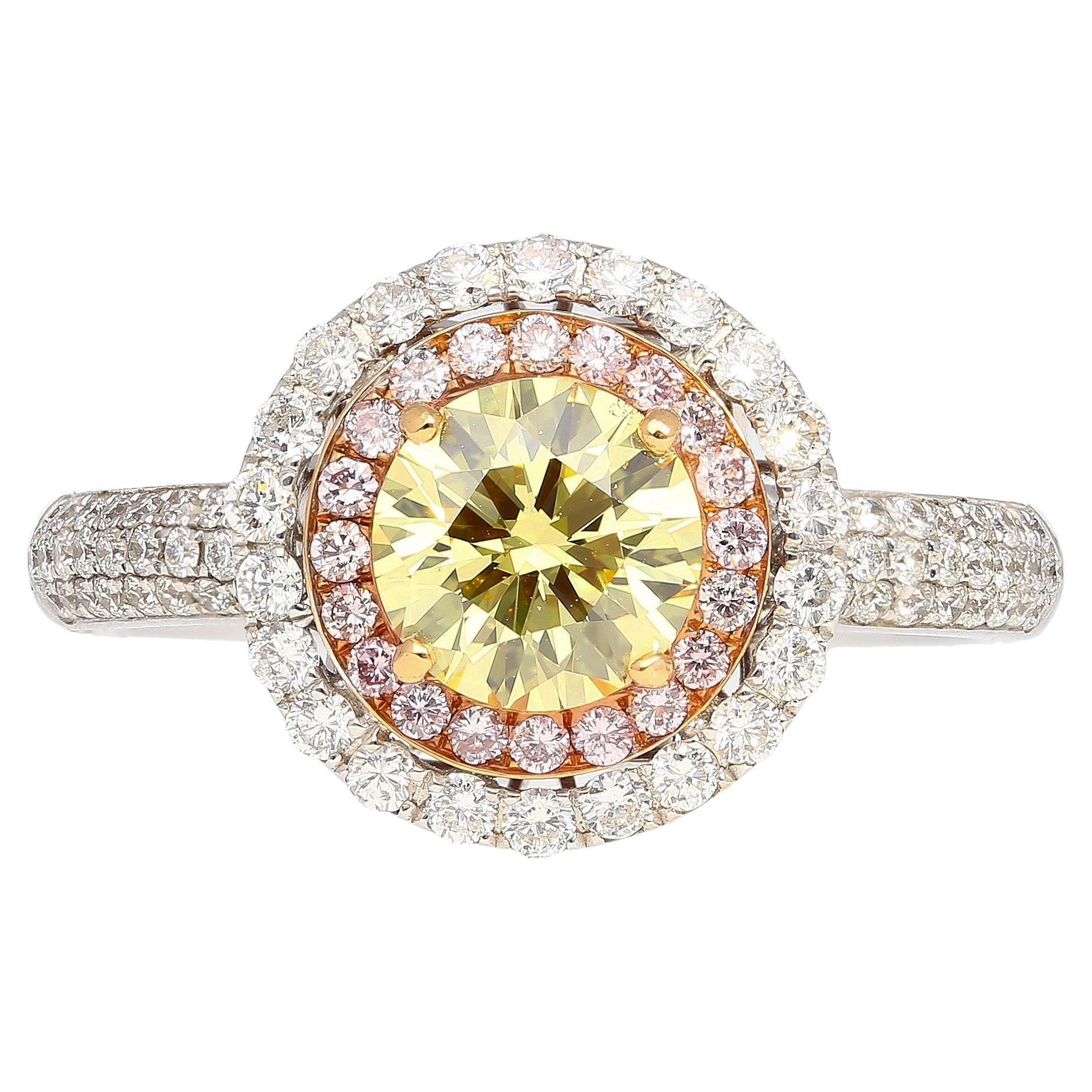 GIA Cert 1.01 Carat Round Cut Fancy Yellow Diamond Ring in 18KW Multi Stone Halo For Sale