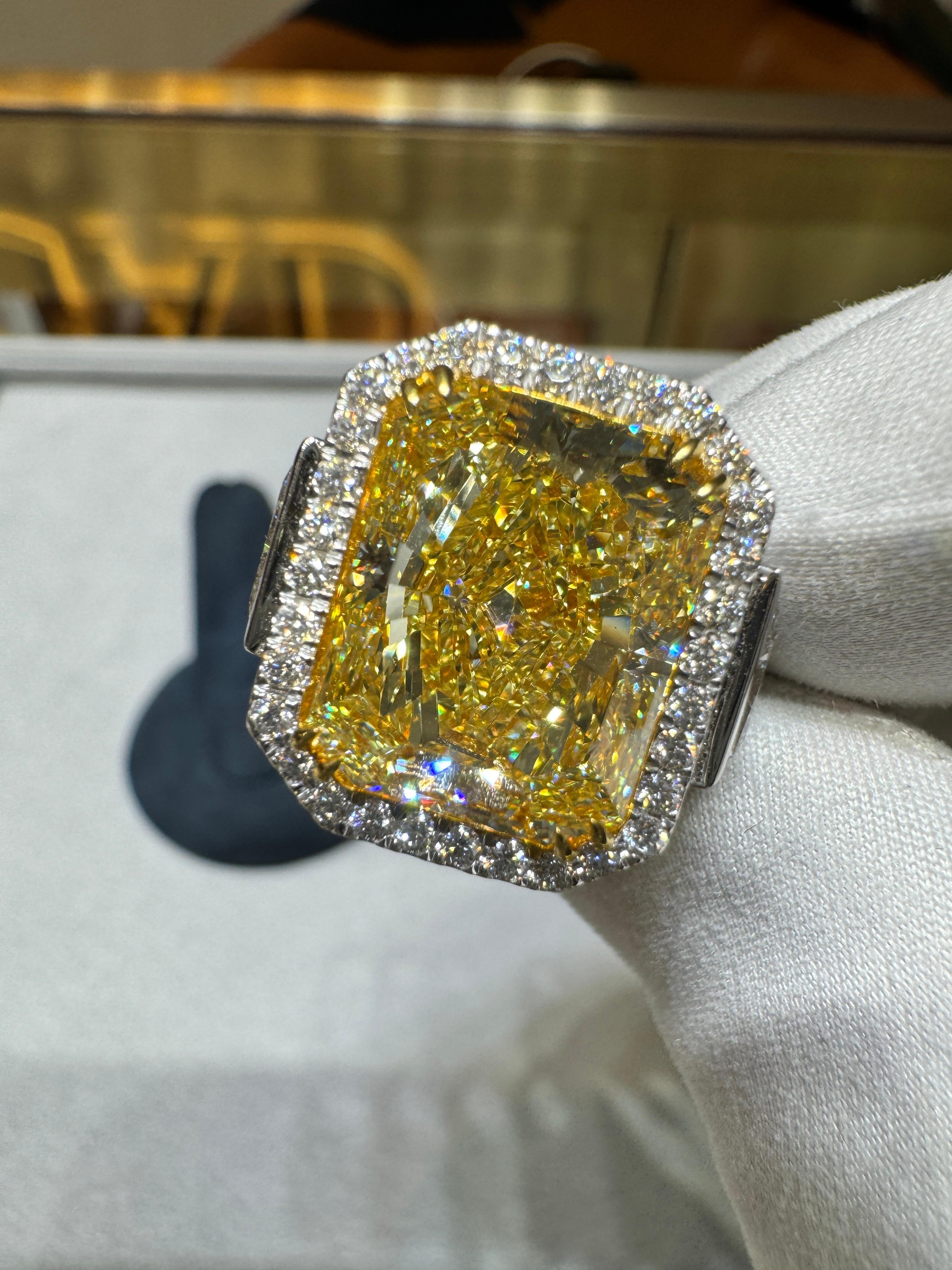GIA Cert. 10.20 Carat Radiant Fancy Intense Yellow & Half Moon Cut Diamond Ring For Sale 3