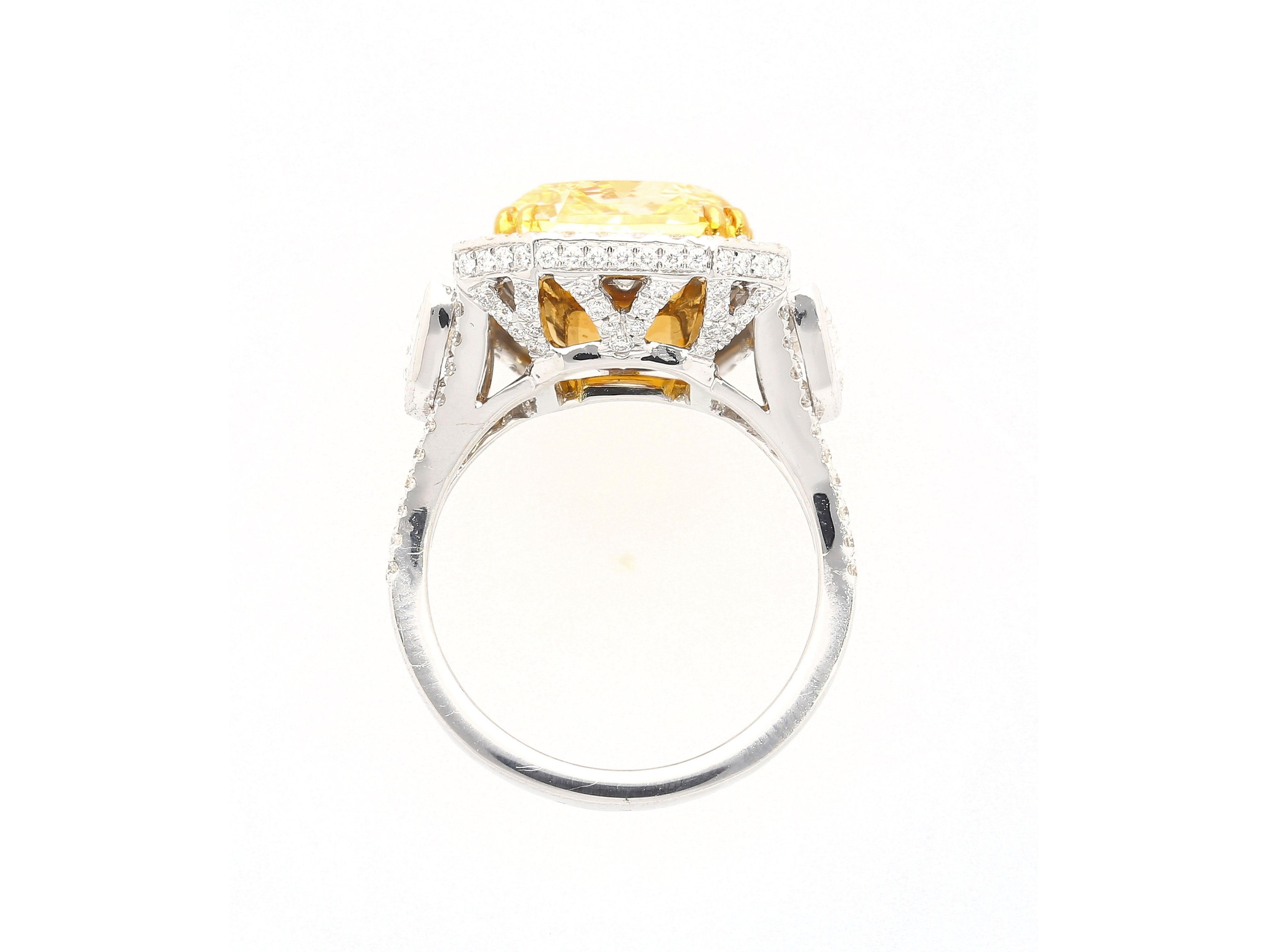 Modern GIA Cert. 10.20 Carat Radiant Fancy Intense Yellow & Half Moon Cut Diamond Ring For Sale